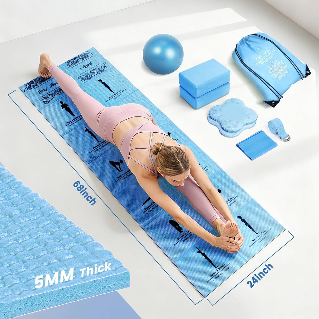 Foldable Yoga Mat and Blocks Set for Women with 2 Pack Yoga Blocks and Strap,Thin Non Slip Pilates Mat with Bag, Home