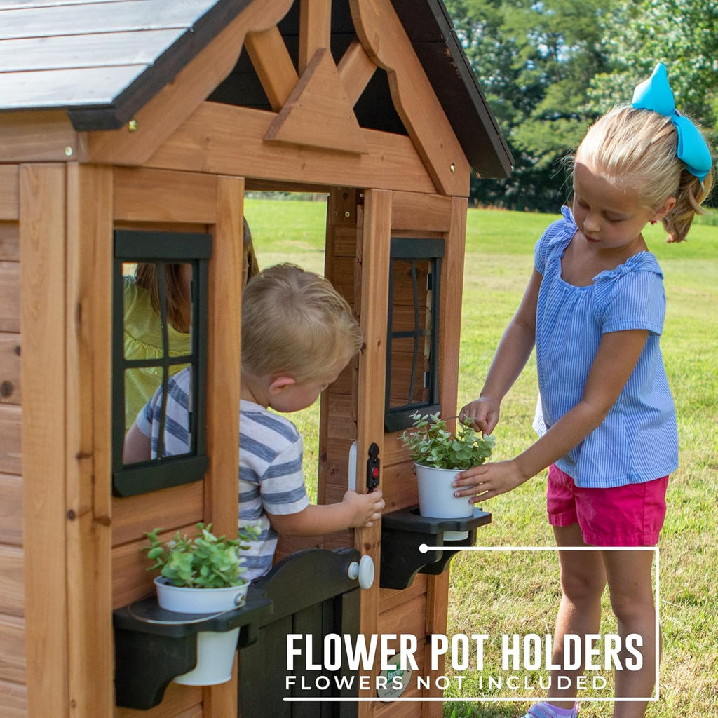Backyard Discovery Sweetwater Cedar Wooden Kids Playhouse Cottage with Play Kitchen, Snack Bar, Half Door, Toy Phone