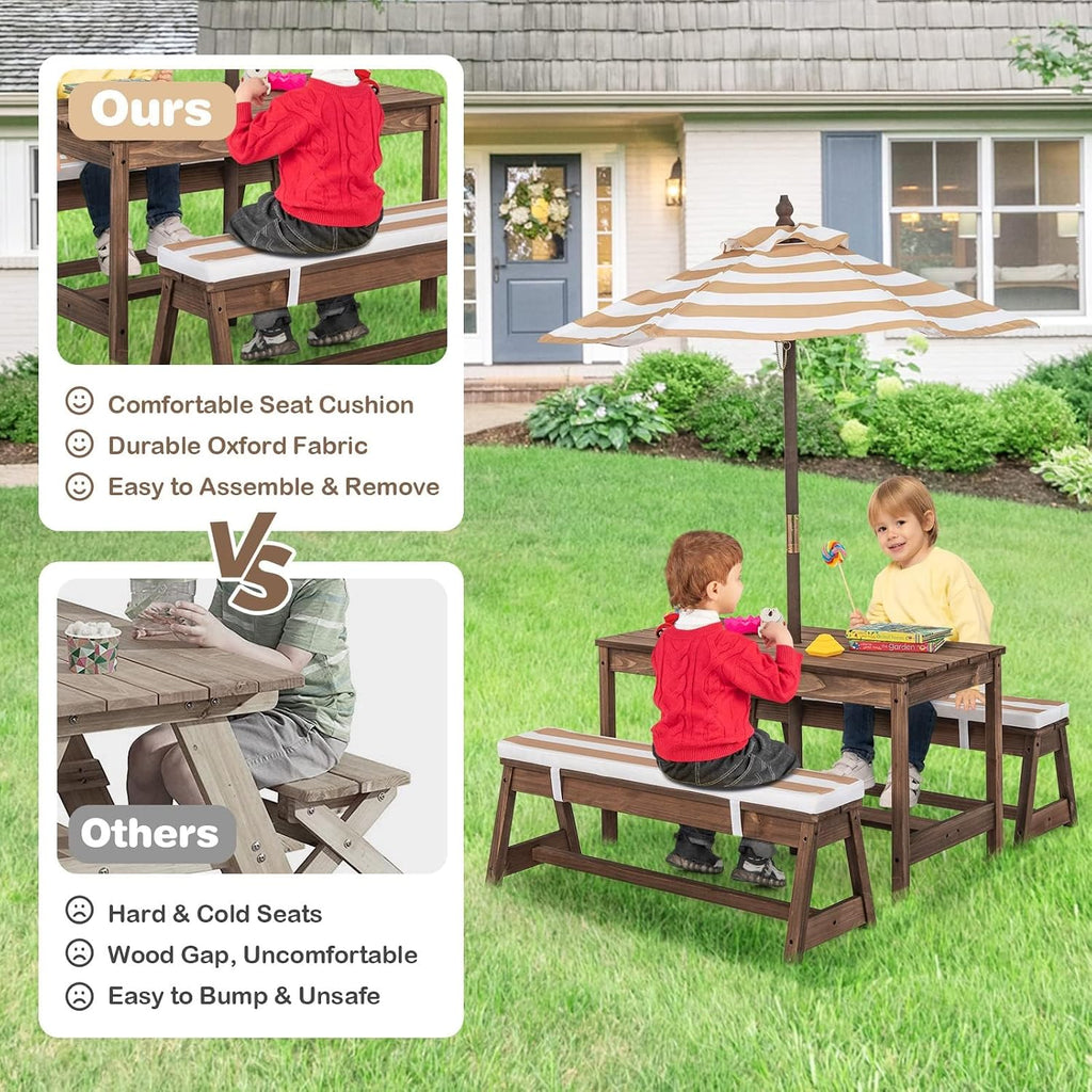 Kids Picnic Table, Outdoor Wooden Table & Bench Set w/Removable Cushions and Umbrella, Stripe Fabric, Children
