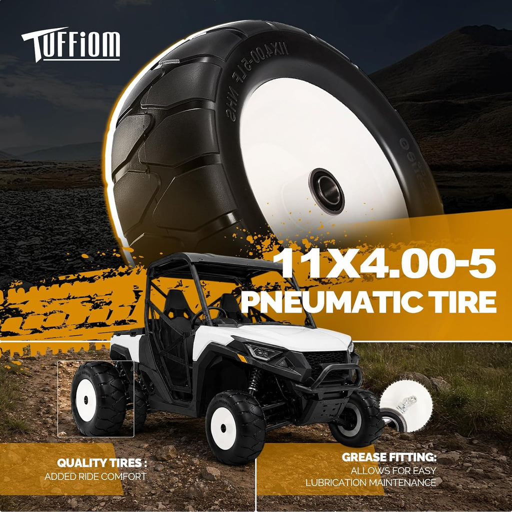 11x4.00-5 Flat Free Lawn Mower Tires and Wheels-3/4" 5/8" 1/2" Bearings & 3.4-4.9" Adjustable Centered Hub Length, 2