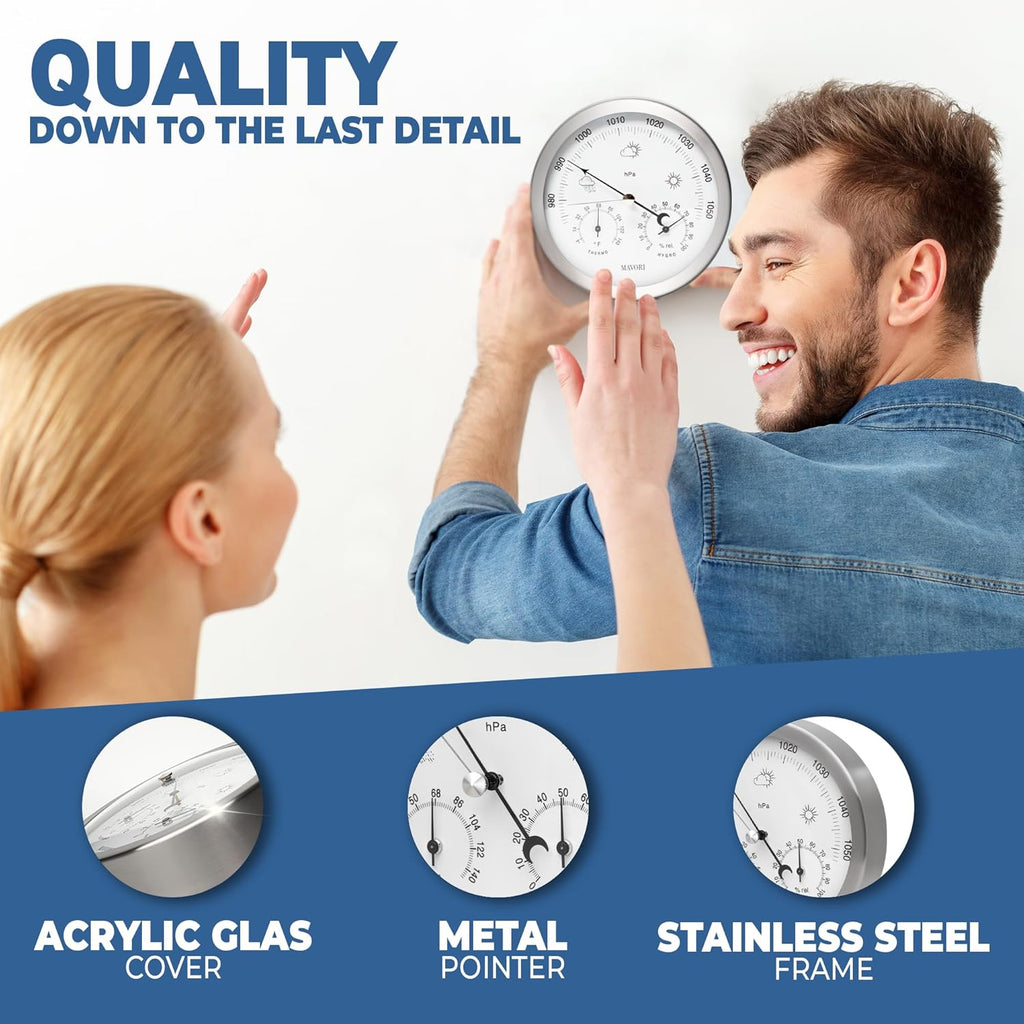3in1 Weather Station Analog - Barometer, Hygrometer & Thermometer for Indoor - Ø 13,5cm Stainless Steel Frame with