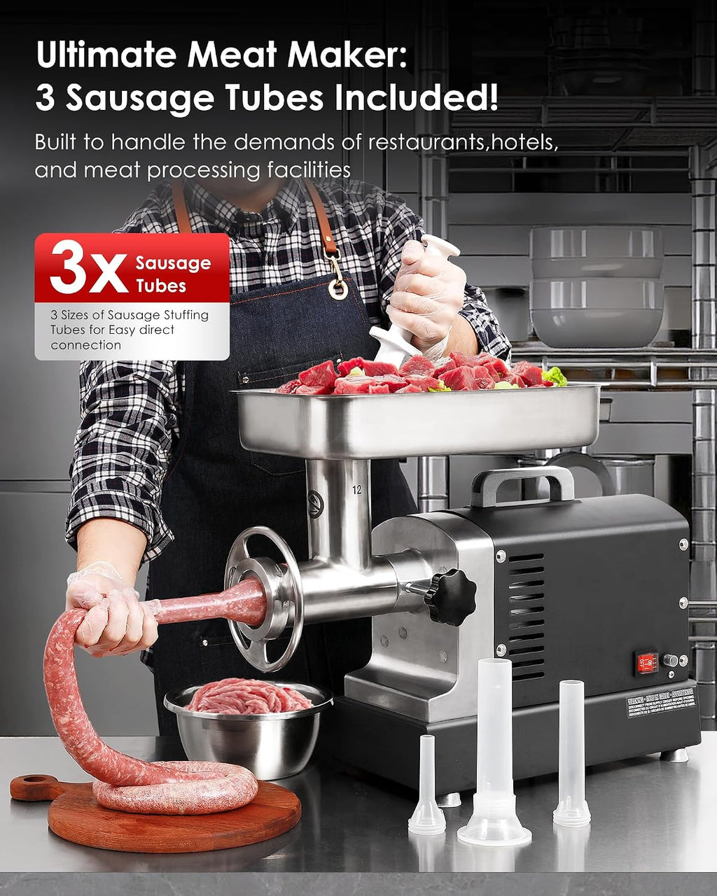 #12 Commercial Electric Meat Grinder Machine, 3/4 HP, 420 LBS/H, Stainless Steel Meat Grinder Heavy Duty with Sausage