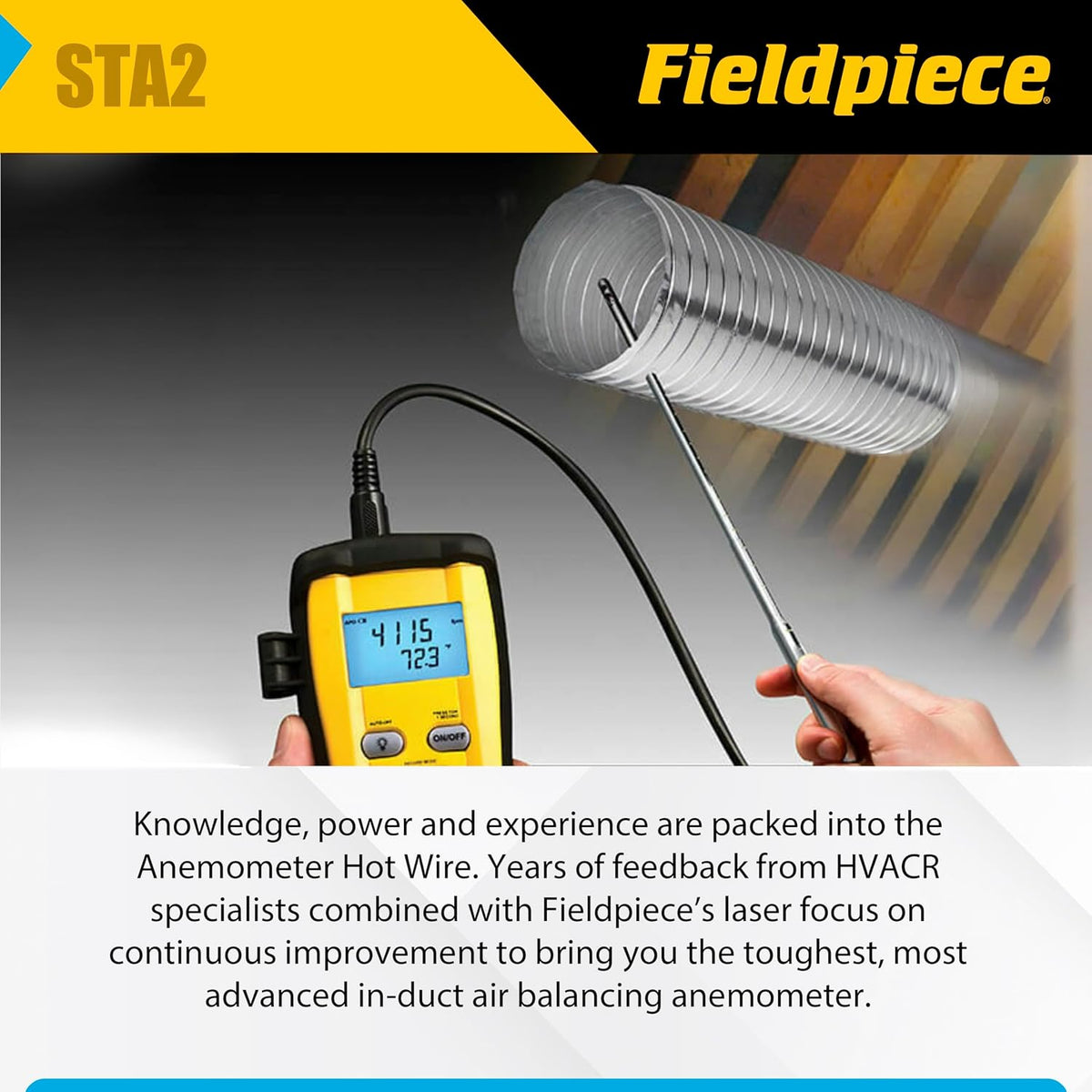 Fieldpiece STA2 in-Duct Hot Wire Anemometer for HVAC Airflow Measurement - CFM, Air Velocity & Temperature - 38" Telescoping Probe - Hands-Free Air Balancing Tool