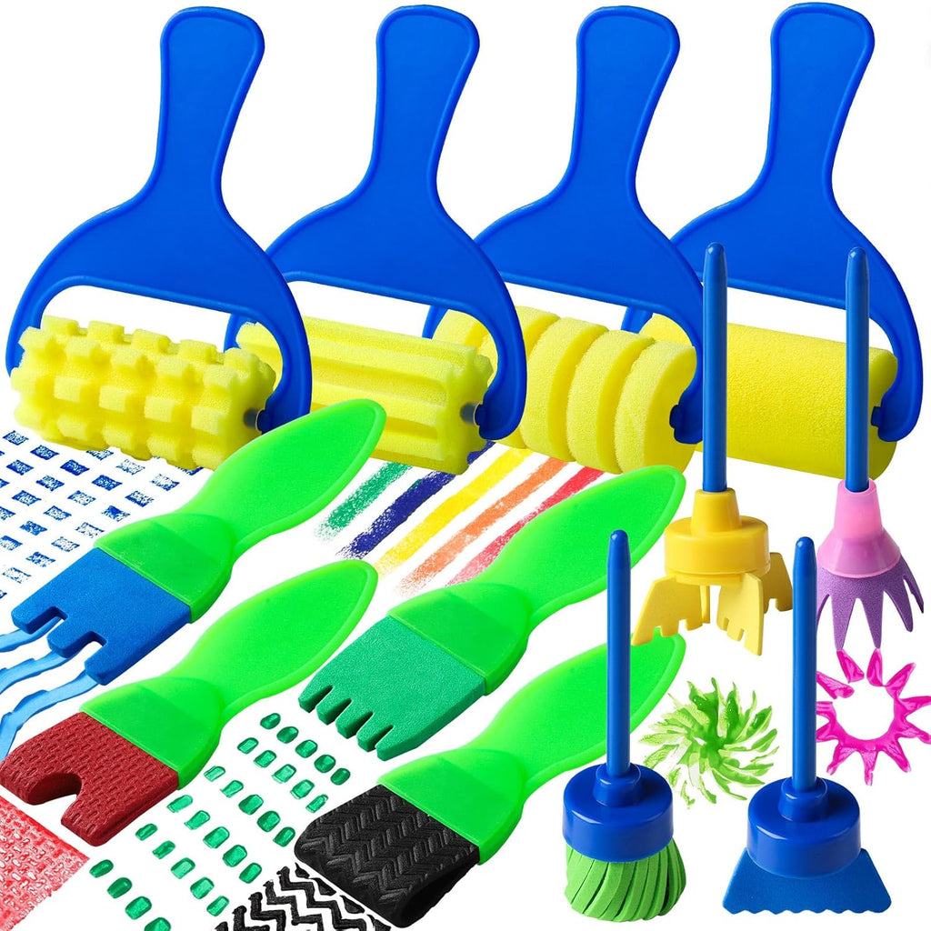 Kids Paint Brushes, 12 Pack Washable Painting Brushes for Toddlers Kids Early Learning Toys Foam Roller Sponge Arts