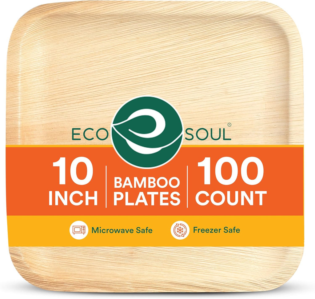 10 Inch Disposable Bamboo Plates (100 Pack, Square)