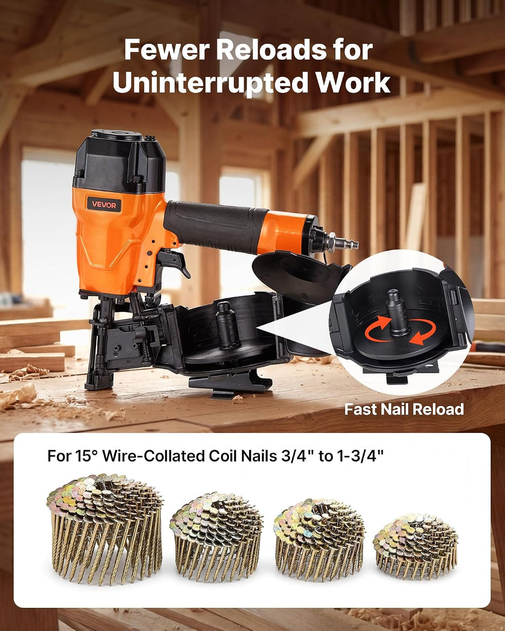 Air Roofing Nailer CN45C, 3/4" to 1-3/4" 15 Degree Roofing Nail Gun with Two Firing Modes & Tool-Free Depth