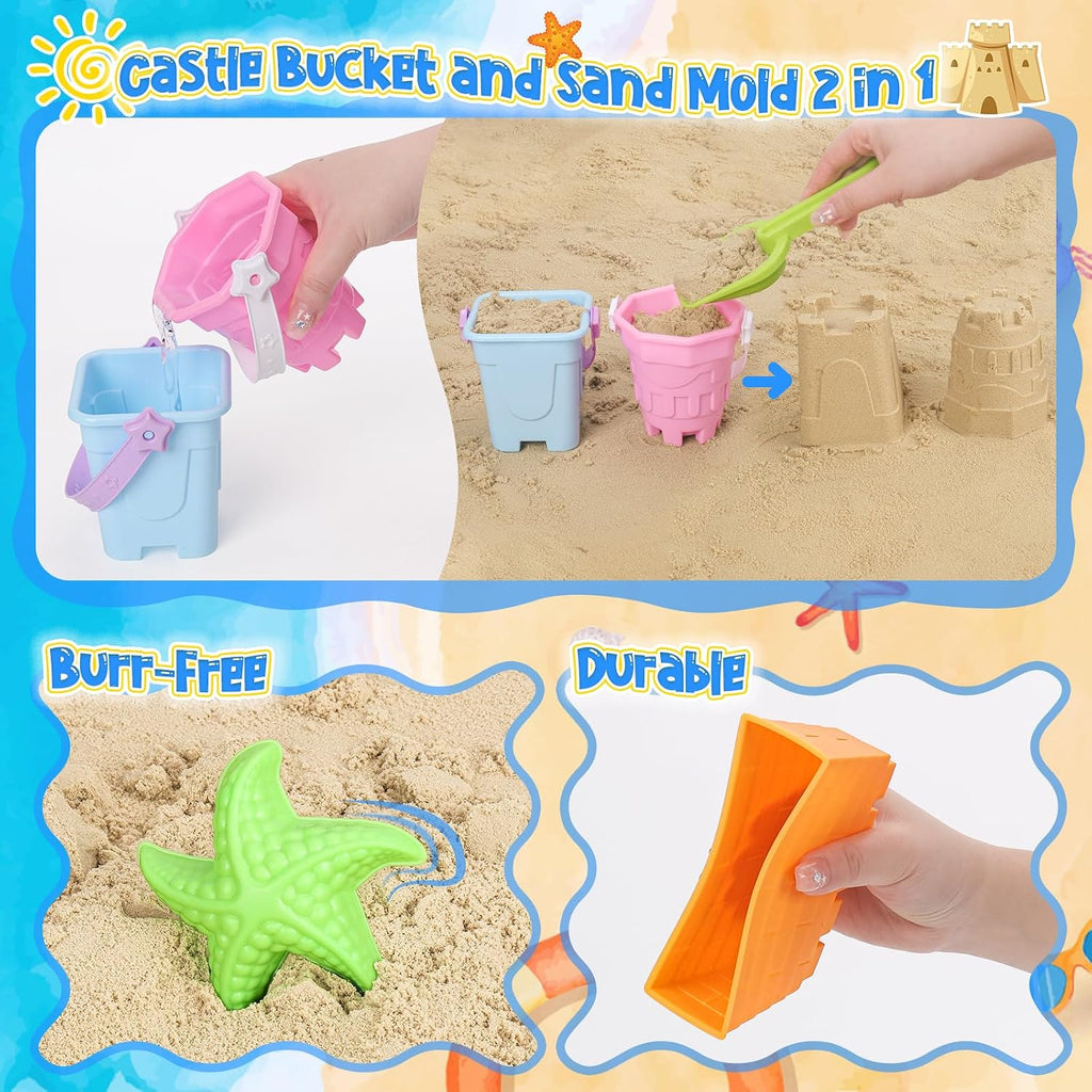 Beach Toys with Castle Bucket, Sand Molds for Kids Ages 3-12 | 2 Mini Bucket, Shovel and Rake for Sand Castle Play