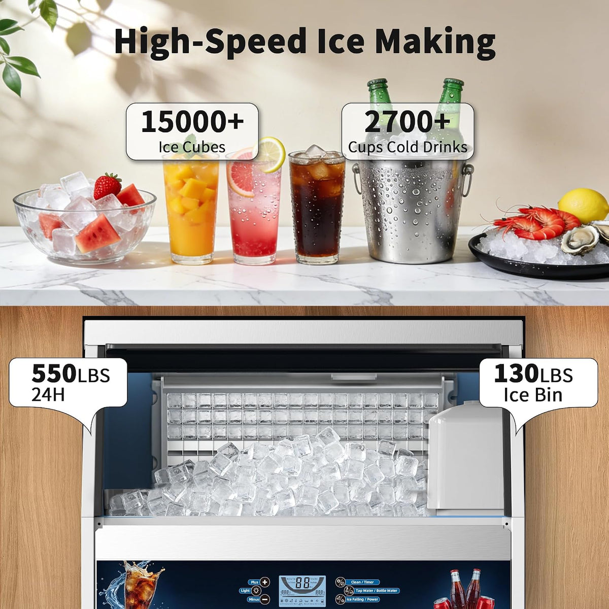 Commercial Ice Maker Machine (550lbs/24H with 130lbs Ice Storage)