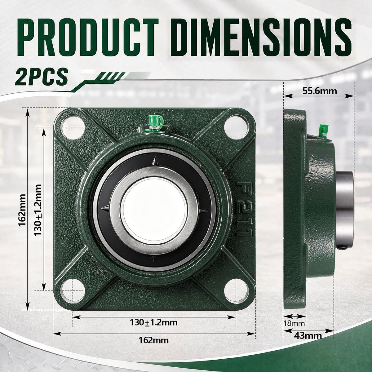2pcs UCF211-32 Square Pillow Flange Bearing, 2" Bore 4-Bolt Cast