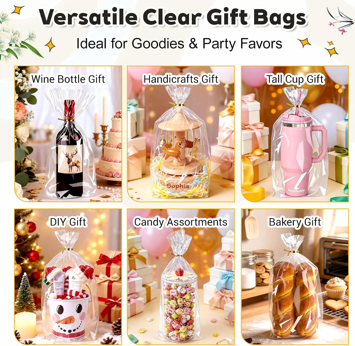 Cellophane Gift Bags 8x14 Inch, 100 Pack, Clear Goodie Bags
