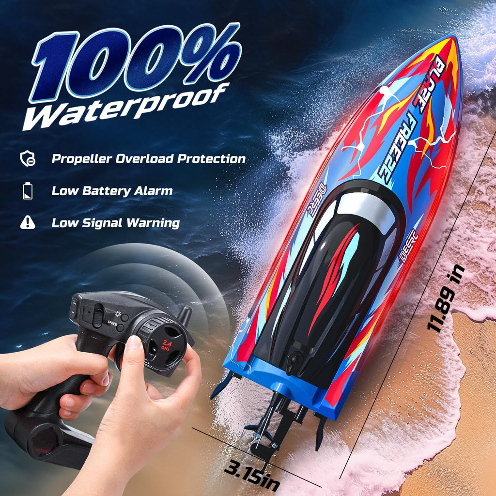 Fast RC Boat for Pool & Lake, 20+MPH, 40+ Mins, 7 LED Light Modes | Self Righting Remote Control Racing Speed Boat
