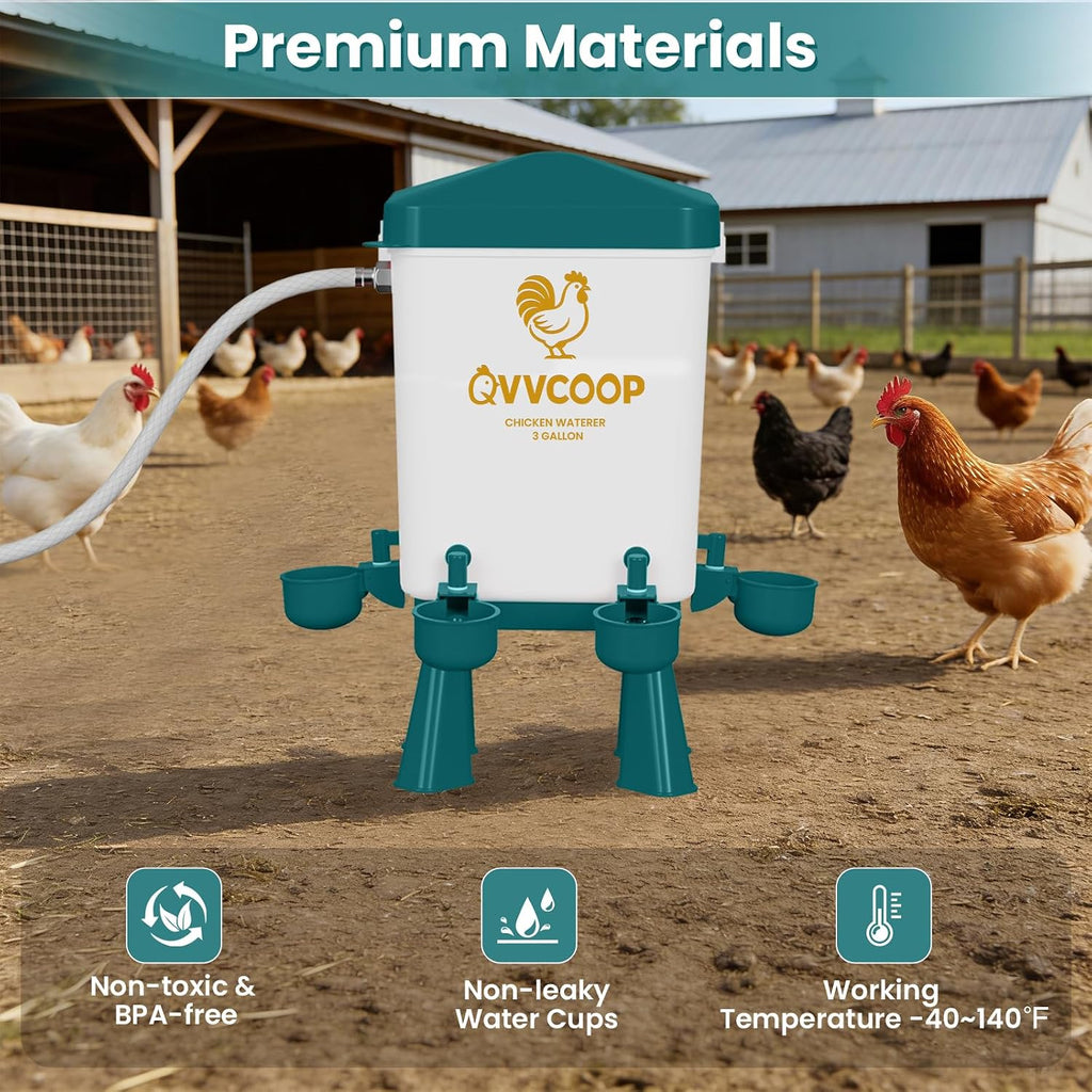 3 Gallon Automatic Chicken Waterer with Float Valve, Water Contatiner Cup Dispenser for Chicken, Float Controlled