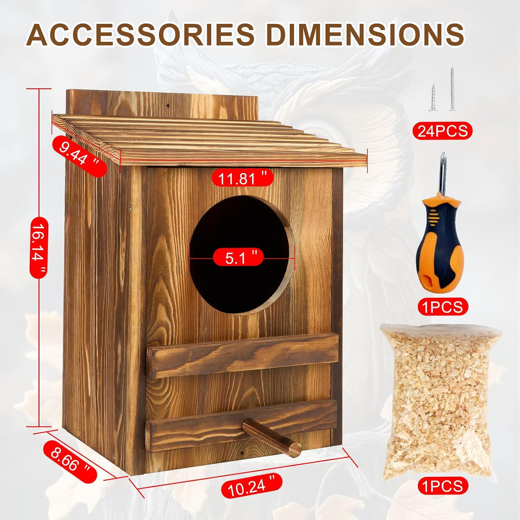 Owl Houses for Outdoors， 16.1x11.8x9.5 inch Large Carbonized Barred Owl Nesting Box, Waterproof & Ventilated Design
