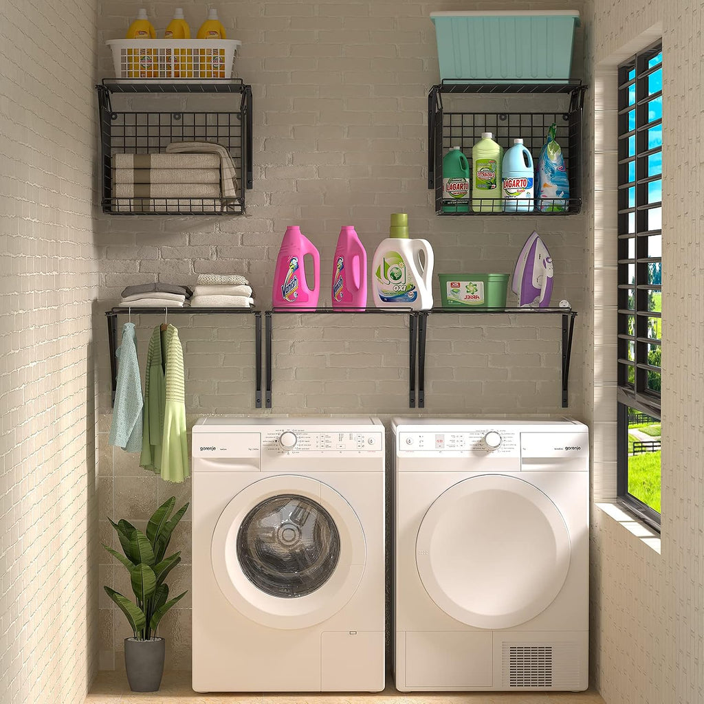 2 Pack Laundry Room Shelves, Wire Baskets with 8 Hooks, Over Washer and Dryer Shelf, Wall Mounted Storage and Clothes