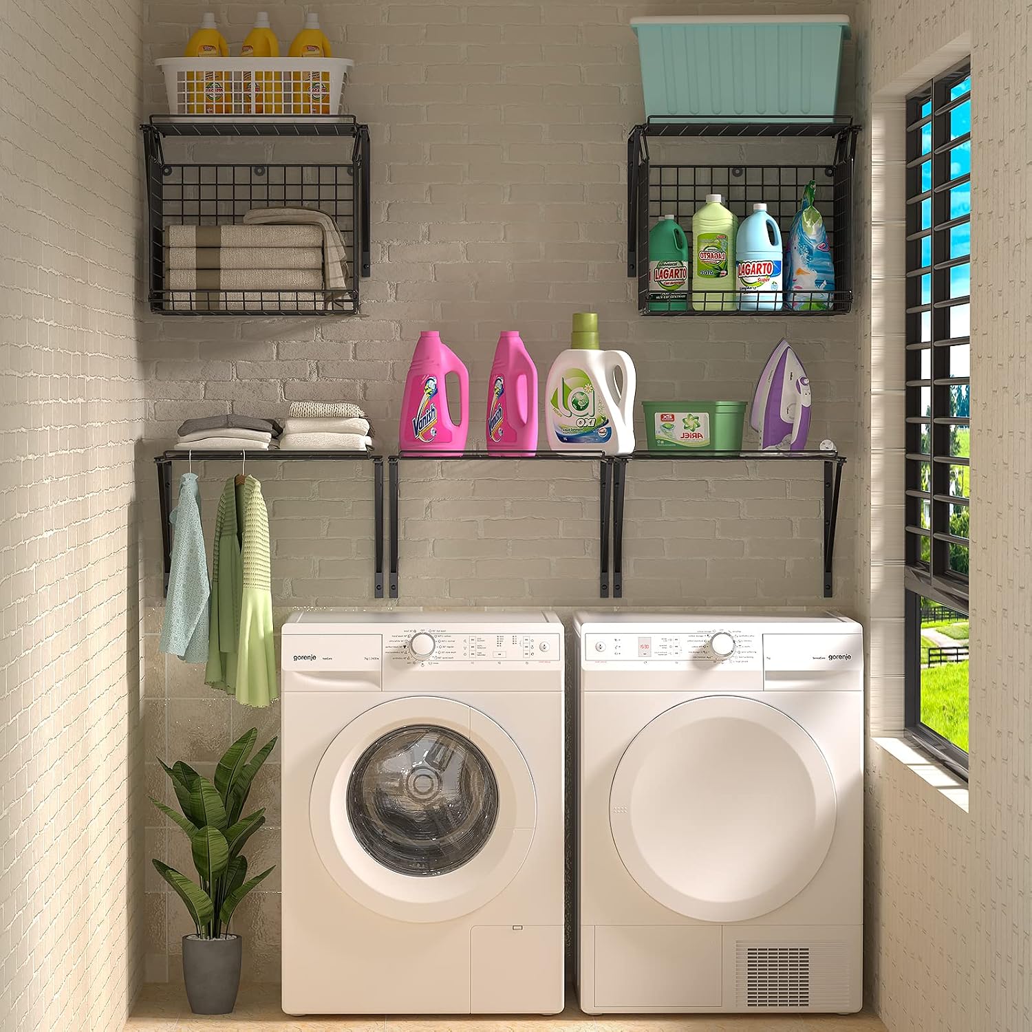 2 Pack Laundry Room Shelves, Wire Baskets with 8 Hooks, Over Washer and Dryer Shelf, Wall Mounted Storage and Clothes