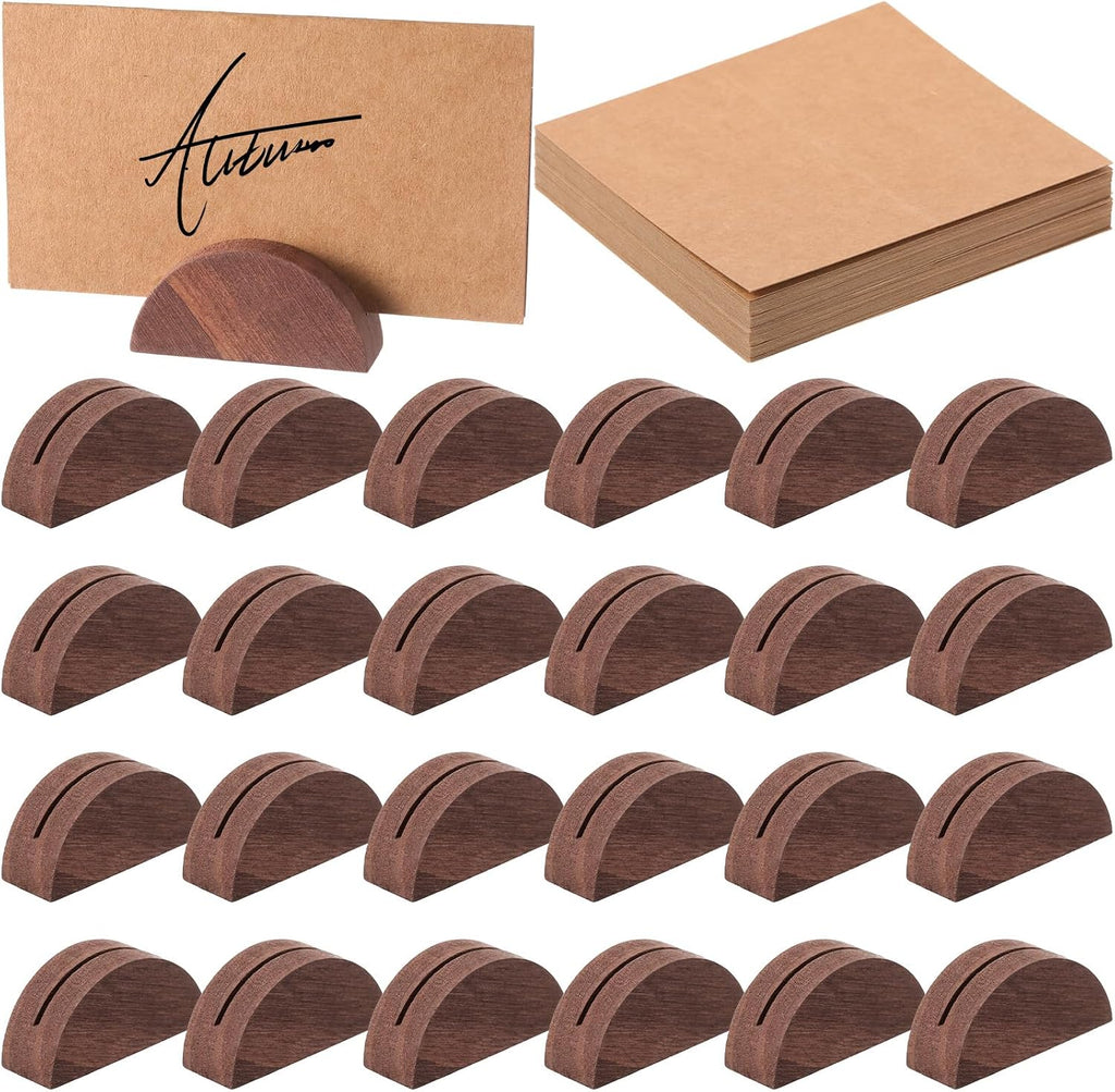 24 Pcs Wooden Table Number Stands with Tented Cards,Brown | Place Card Holders for Weddings, Semicircle Wood Base