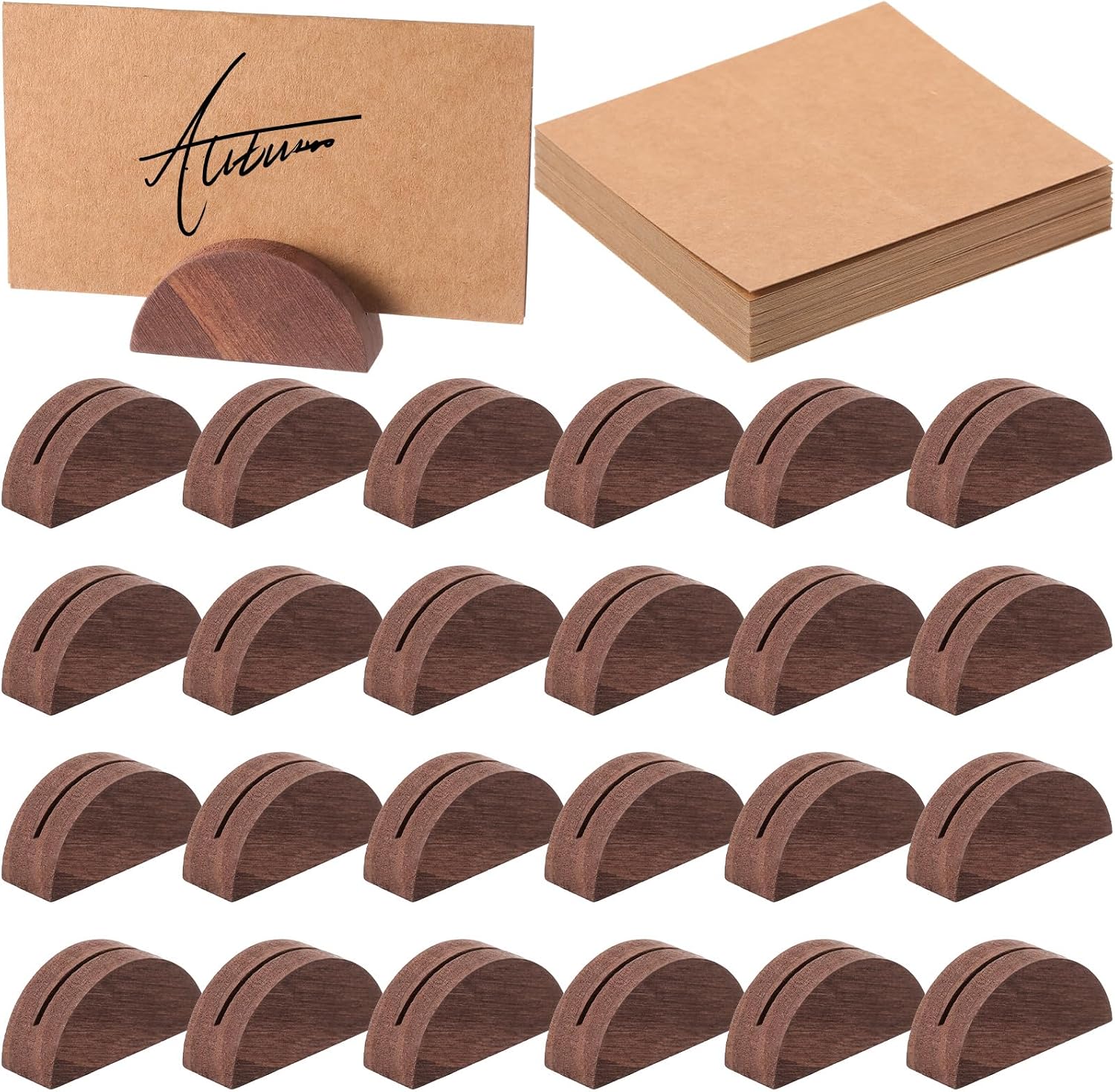 24 Pcs Wooden Table Number Stands with Tented Cards,Brown | Place Card Holders for Weddings, Semicircle Wood Base