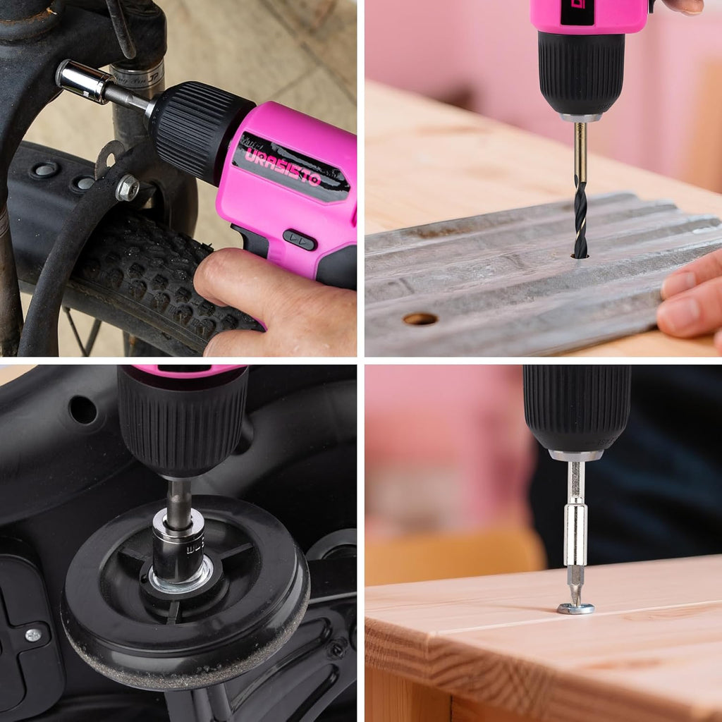 8V Pink Cordless Drill, Power Drill Tool Set, Built-in LED, 58pcs Acessories with Household Tool Set Gift Box, Pink