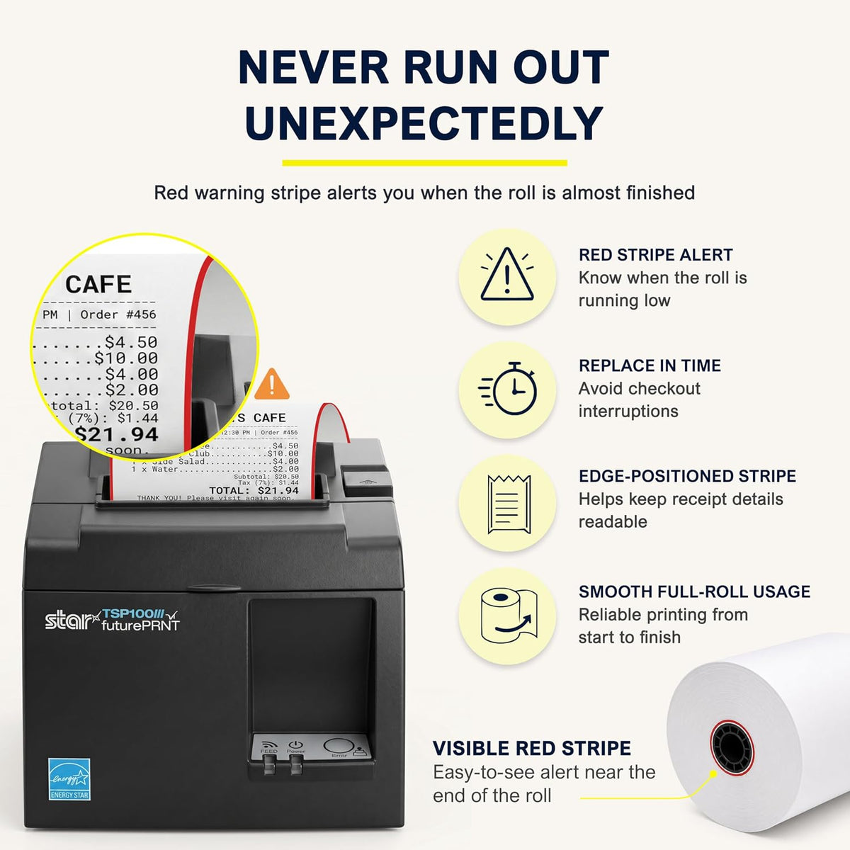 Receipt Paper Roll 3 1/8 x 230 for Square Register and Square POS System connected to Star Micronics Thermal Printer