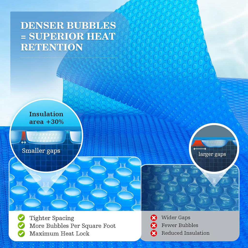 12 x 24 ft Rectangular Solar Pool Cover - Blue Micro Bubble Thermal Blanket for Above Ground & Inground Pools, Thick