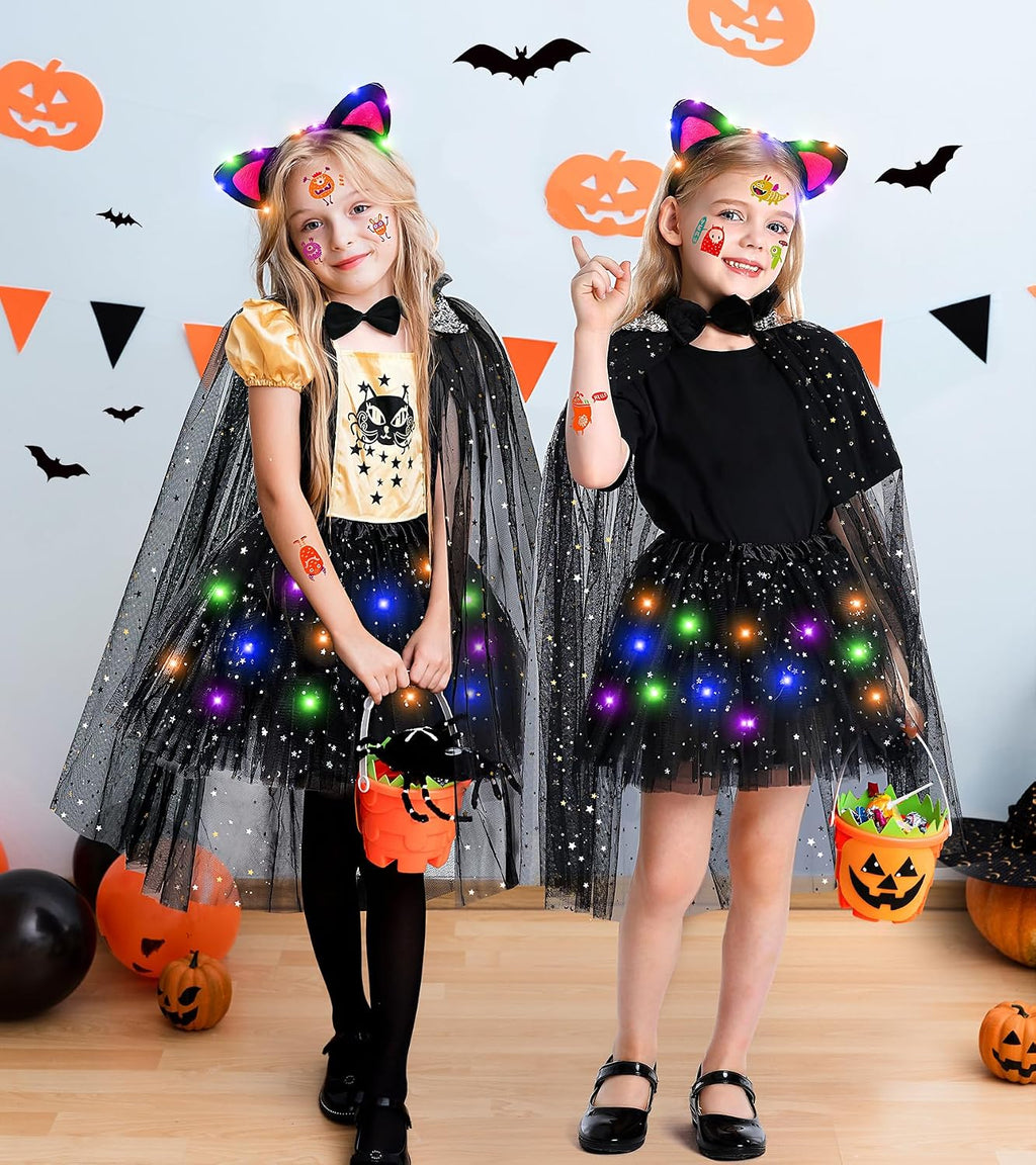 Black Cat Costume & Cape for Girls, Light Up Kid Halloween Costume for Girl
