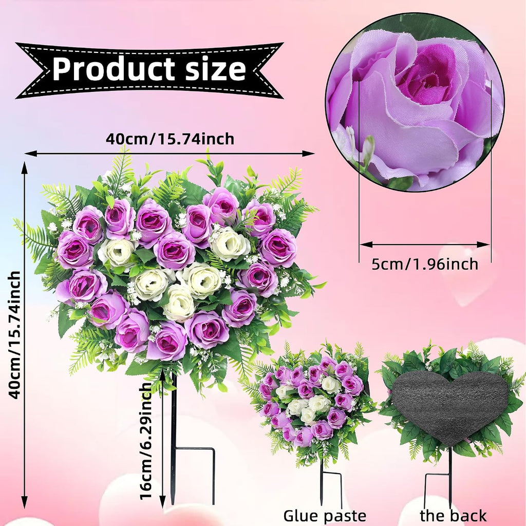 2 Sets Artificial Cemetery Flowers, Grave Memorial Flowers with Ground Spike,Heart Shaped Wreaths Rose Flowers for