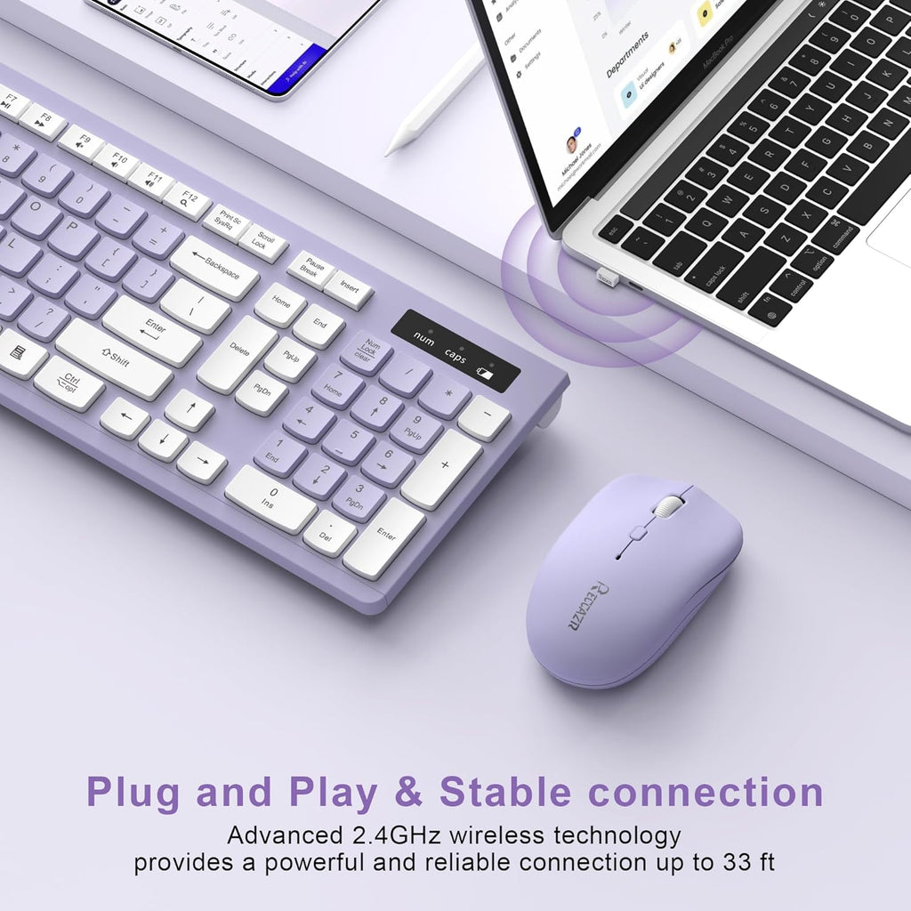 Wireless Keyboard and Mouse Combo, Full-Sized Keyboard and Adjustable DPI Mouse, Wireless Keyboard and Mouse (Purple)