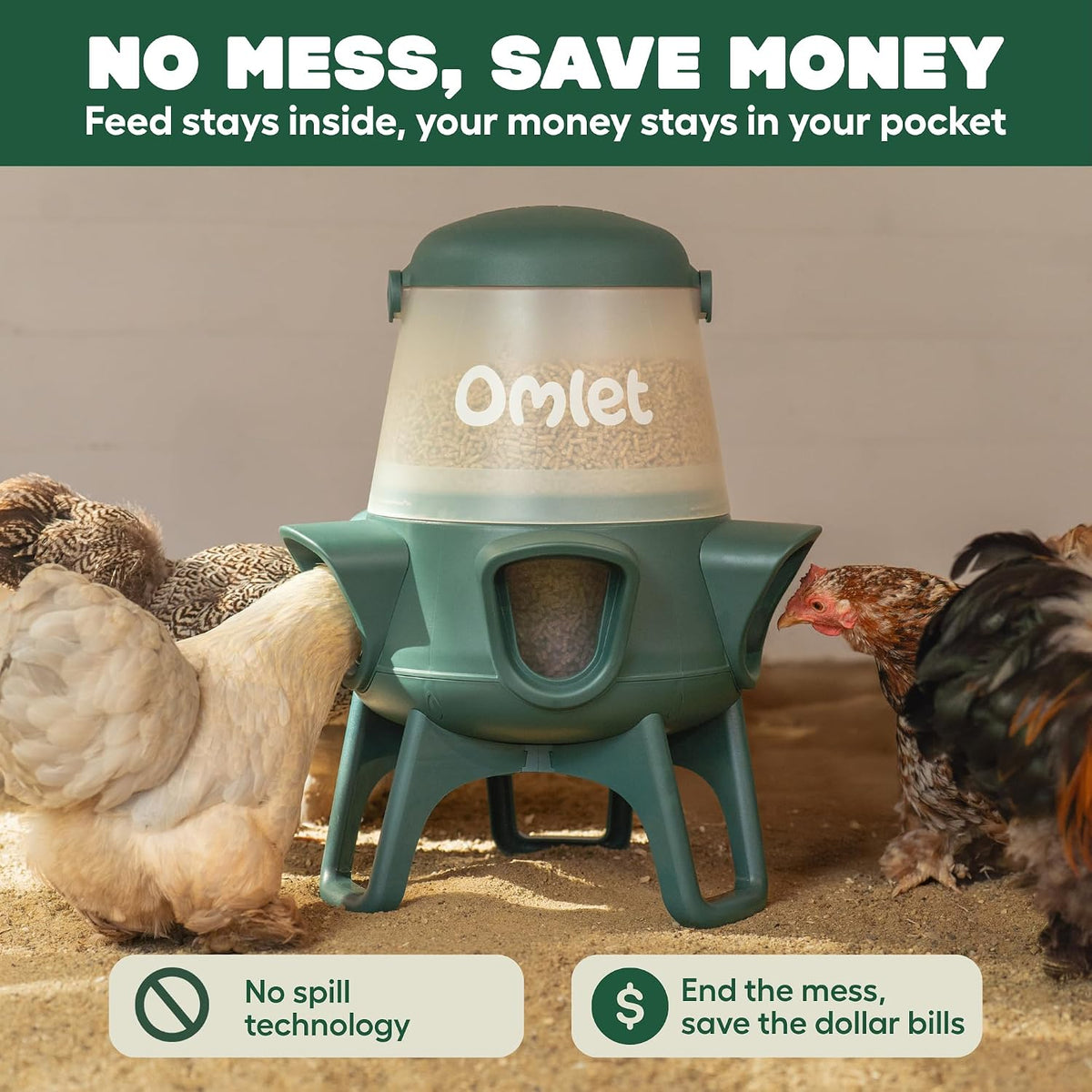 No Waste Chicken Feeder for Coop | 12lb Anti-Spill Poultry Feeder with 5 Feeding Ports | Feeds 6 Hens for 7 Days |