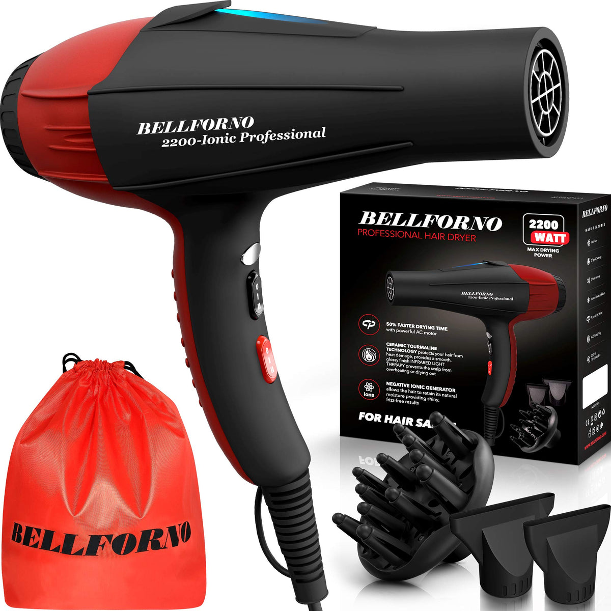 Professional Ionic Curly Hair Dryer with Diffuser, Black/Red