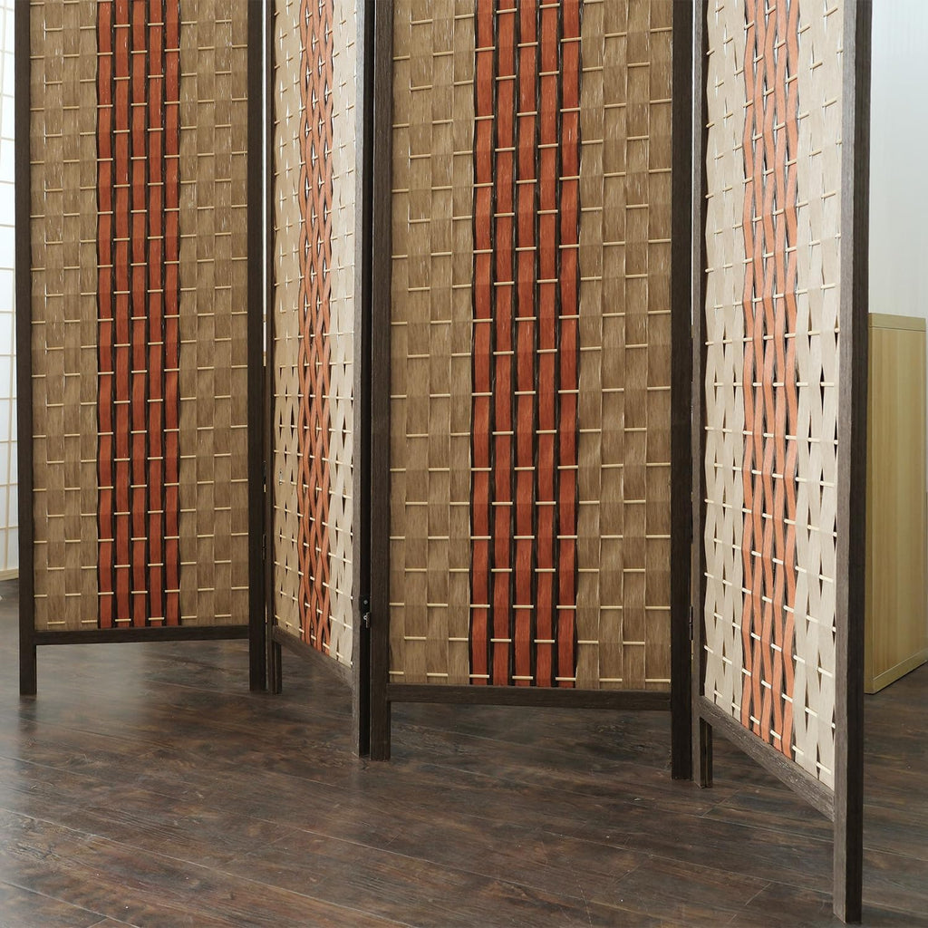 Furnnylane 4 Panel Rattan Room Divider, Beige Orange Folding Privacy Screen