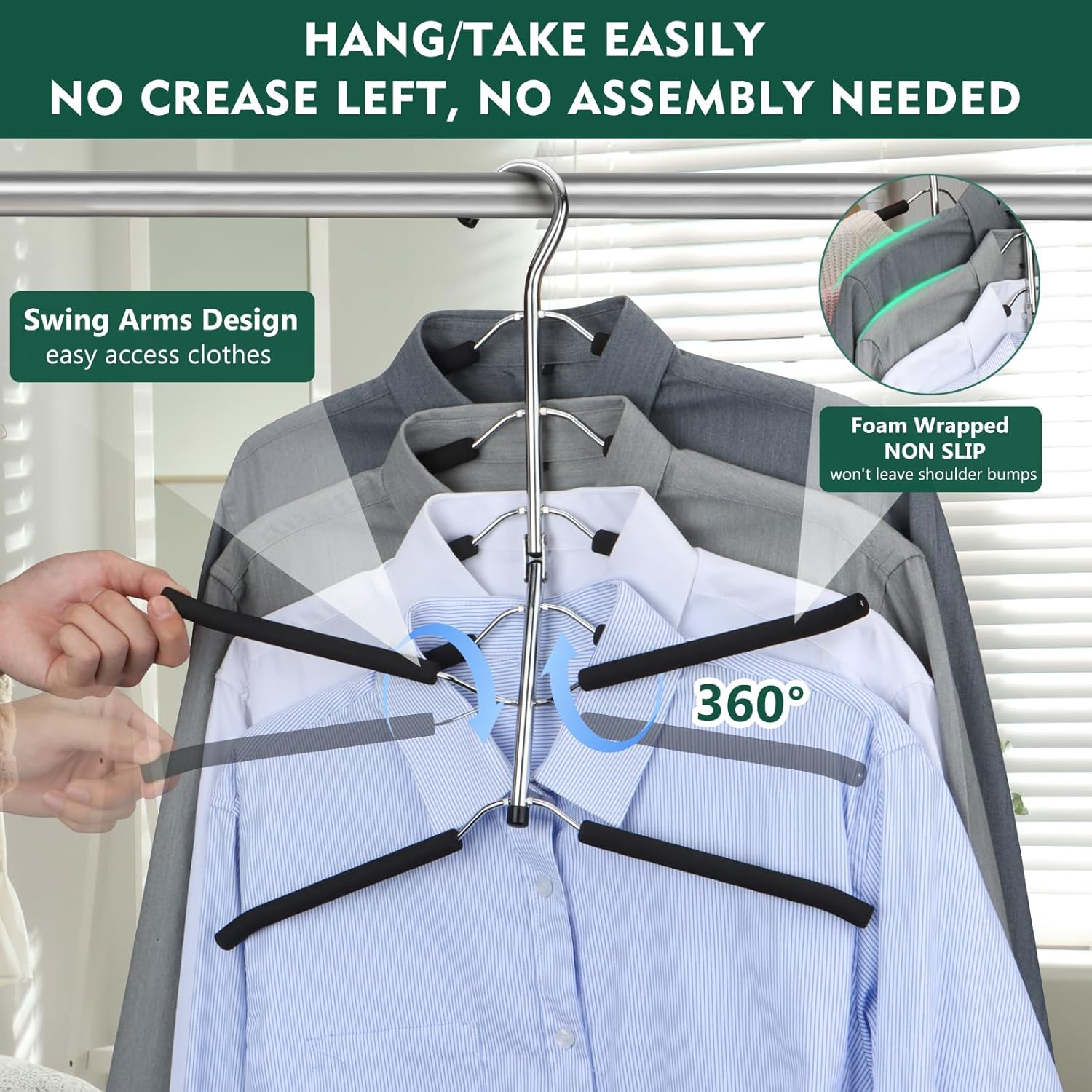Space Saving 6 Tier Coat Hangers - Non Slip Foam Padded, Black Metal Sweater & T Shirt Hangers for Men & Women, 2