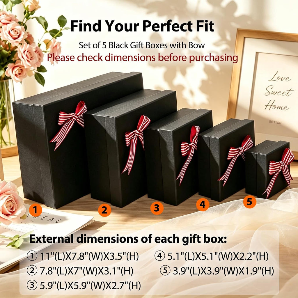 5-Piece Nested Gift Boxes with Lids - Heavy Duty Rigid Black Gift Boxes for Presents with DIY Wine Red and White