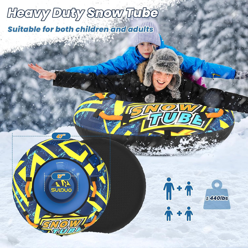 47'' Heavy Duty Snow Tube with Premium Canvas Cover and 4 Foam Filled Handles, Inflatable Snow Sled for Kids and