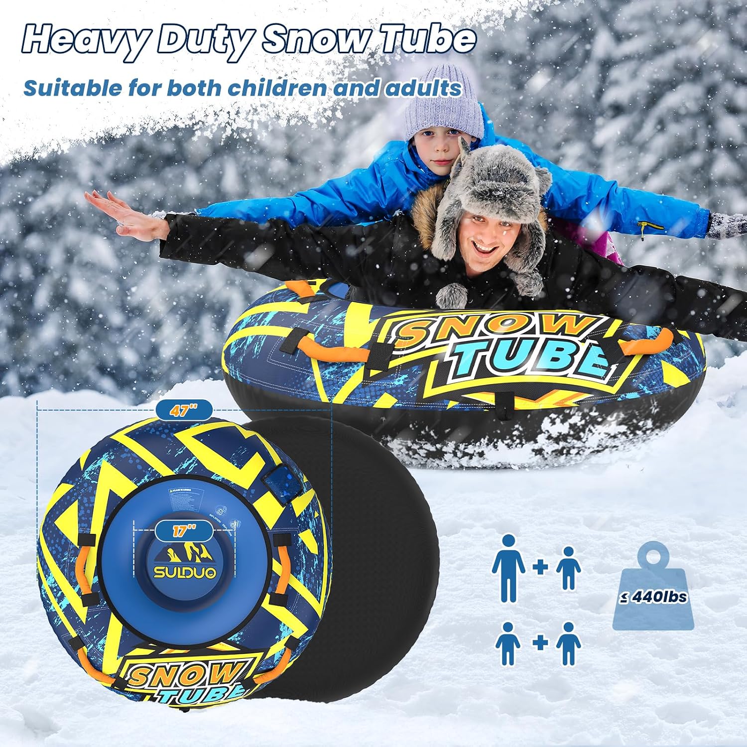 47'' Heavy Duty Snow Tube with Premium Canvas Cover and 4 Foam Filled Handles, Inflatable Snow Sled for Kids and