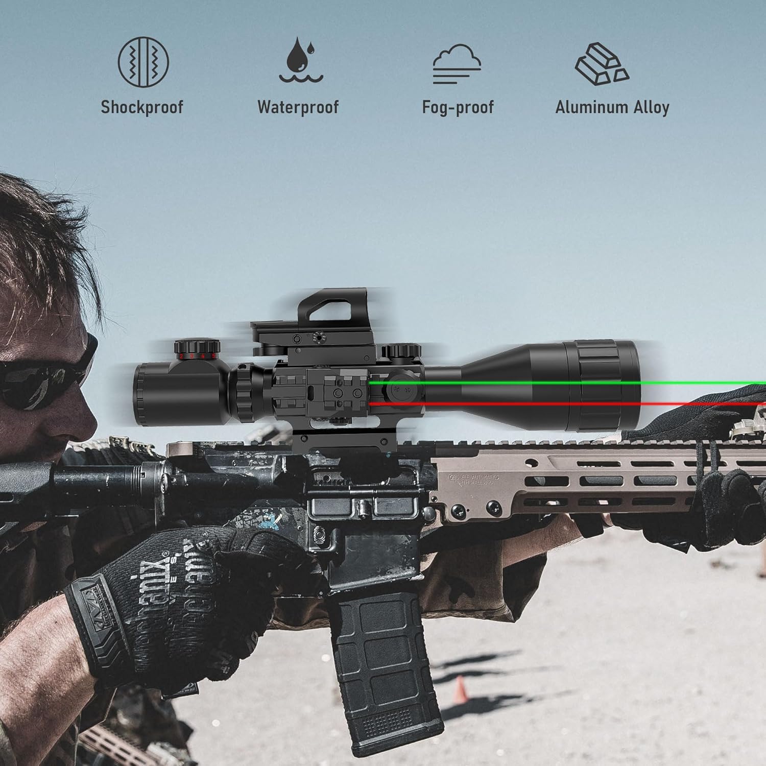 4-12&16X50 AO Rifle Scope Red/Green Illuminated Range Finder Reticle W/Green Laser - Holographic Reflex Red Dot Sight