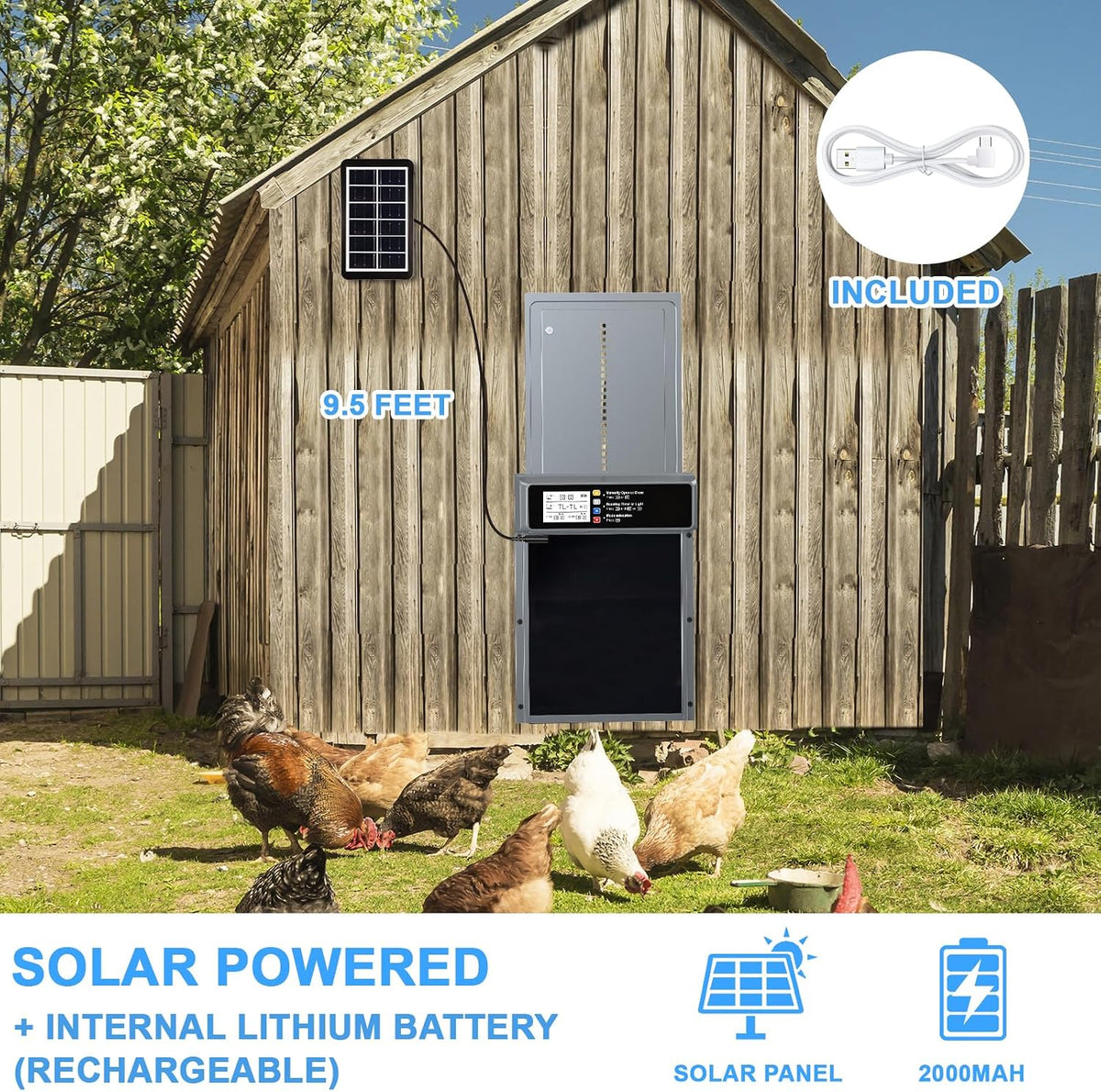 Automatic Chicken Coop Door Solar Powered with Timer & Light Sensor