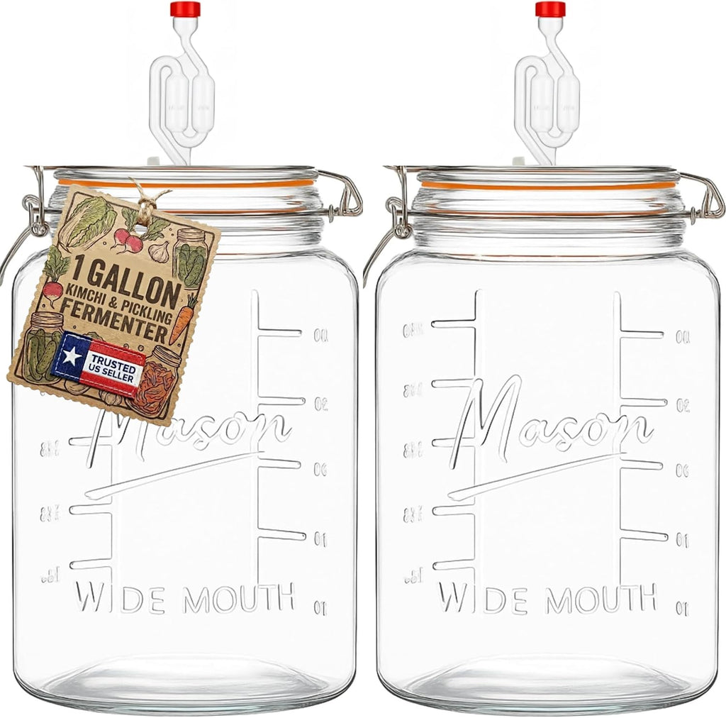 2-Pack 1-Gallon Mason Glass Fermenting Jars with Airlock Lids – Wide Mouth with Ounce & Milliliter Markings for Mead
