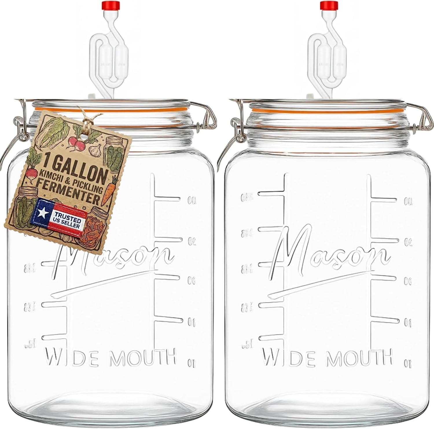 2-Pack 1-Gallon Mason Glass Fermenting Jars with Airlock Lids – Wide Mouth with Ounce & Milliliter Markings for Mead