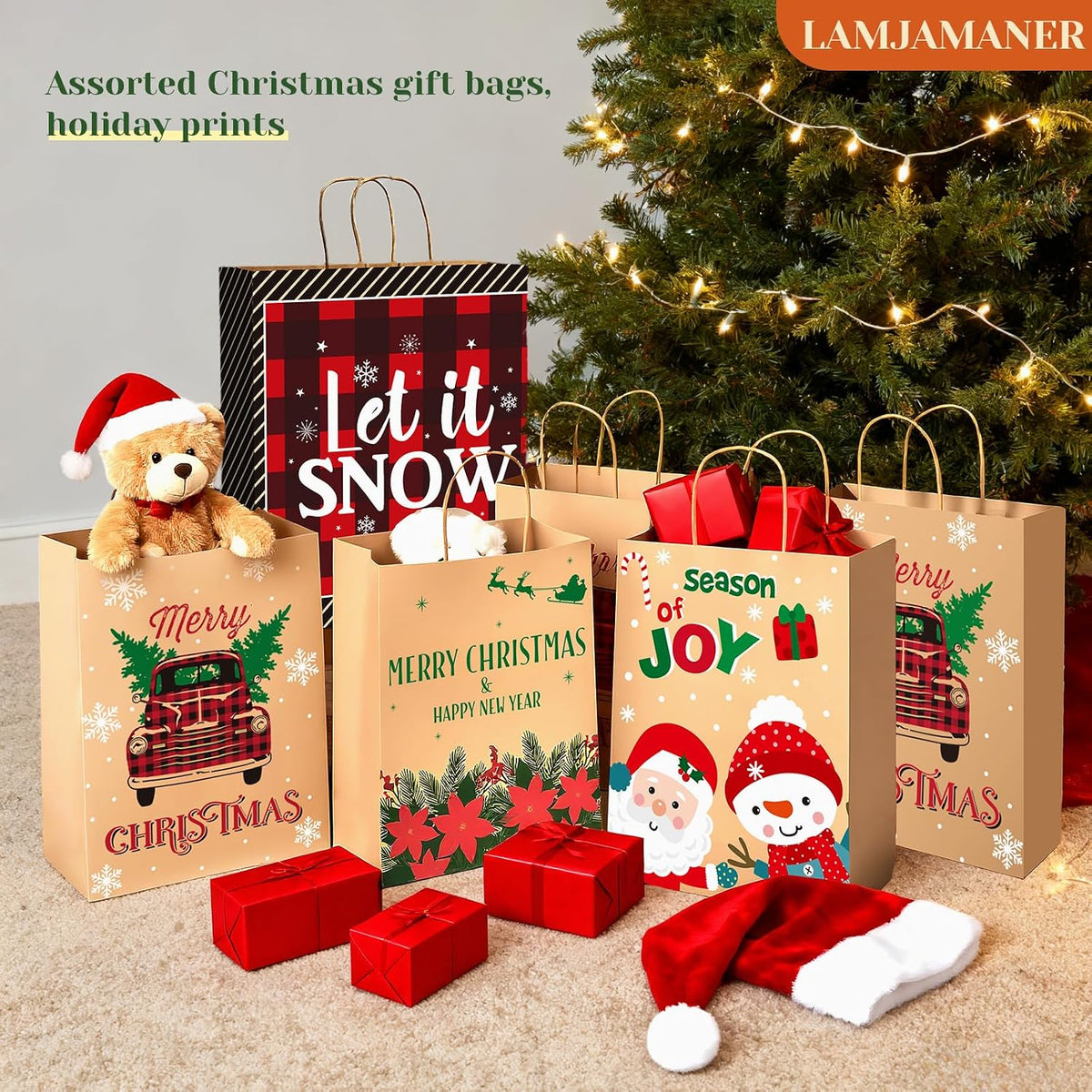 Christmas Gift Paper Bags Assorted Sizes, 24 Pack Holiday Paper Bags with Handles, 12 Assorted Designs in 4 Sizes –