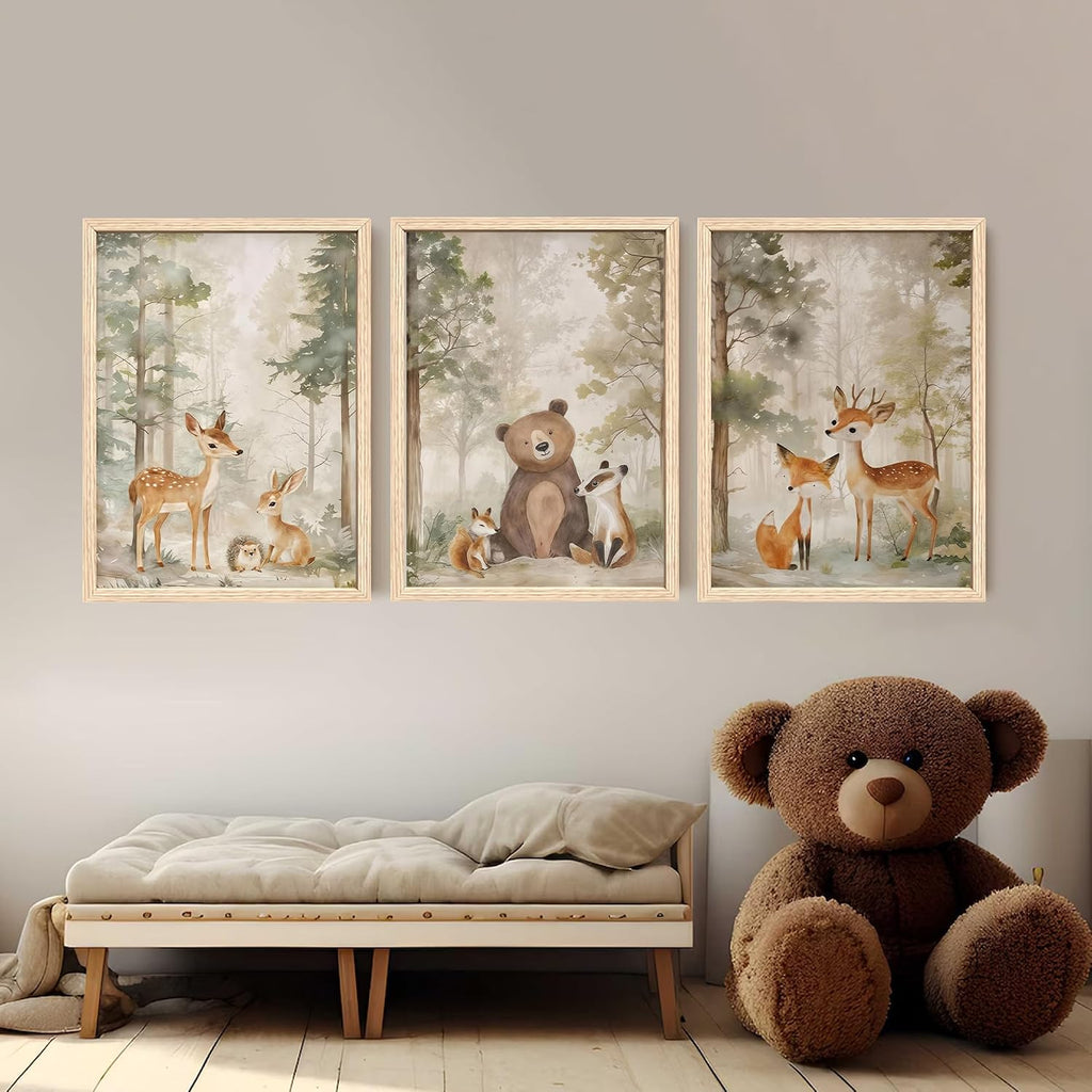 Woodland Animals Nursery Decor Framed Canvas Wall Art, 12x16 In 3pc | Cute Bear Fox Deer, Neutral Forest Animals