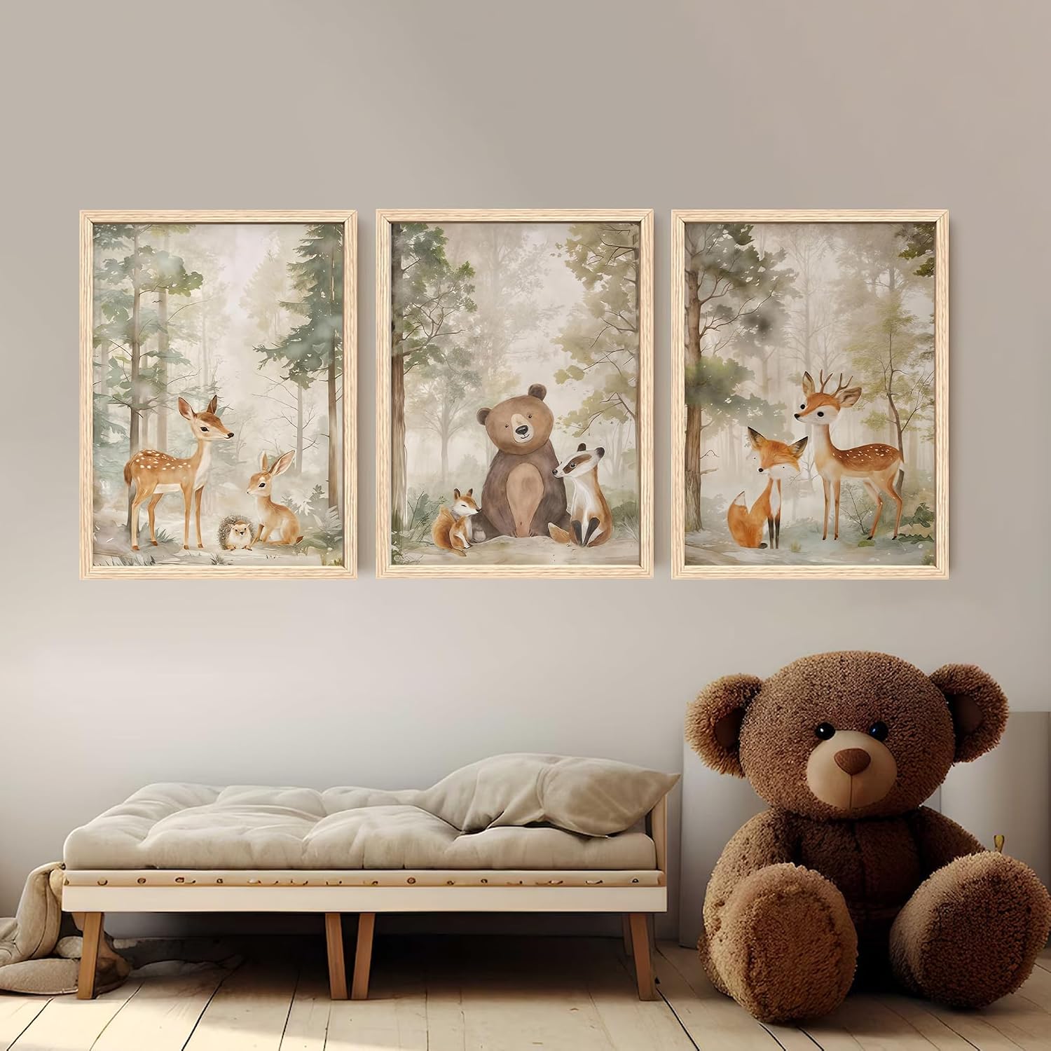 Woodland Animals Nursery Decor Framed Canvas Wall Art, 12x16 In 3pc | Cute Bear Fox Deer, Neutral Forest Animals