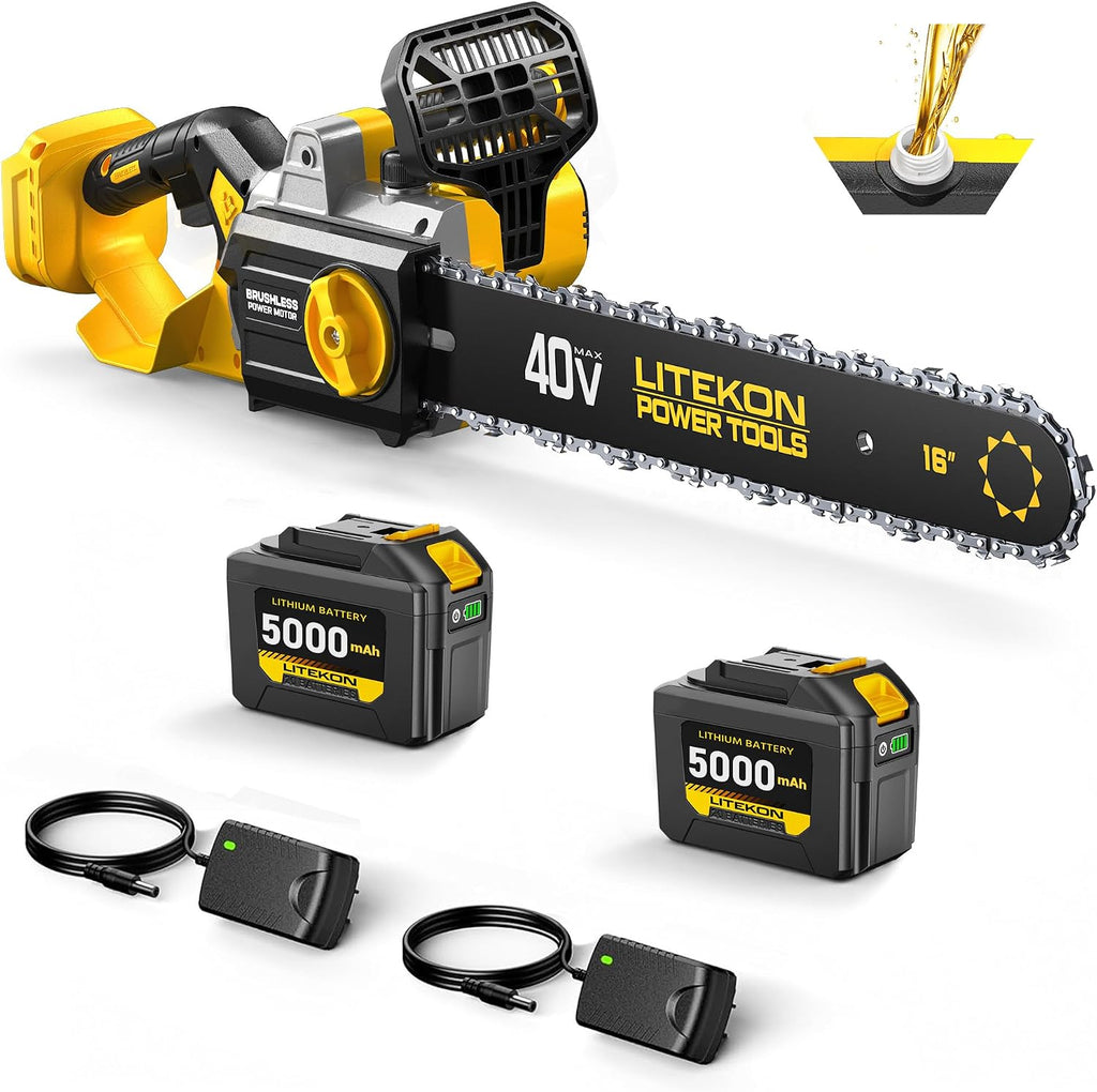 40V 16-Inch Cordless Chainsaw, Brushless Electric Chain Saws with 2×5.0Ah Batteries & Charger, 2800W Battery Powered