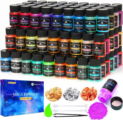 Mica Powder，63 Colors - 10g/Bottle of Natural Pigment Powder for Epoxy Resin，Lip Gloss，Eye Shadow,Car Paint, Dye,Soap