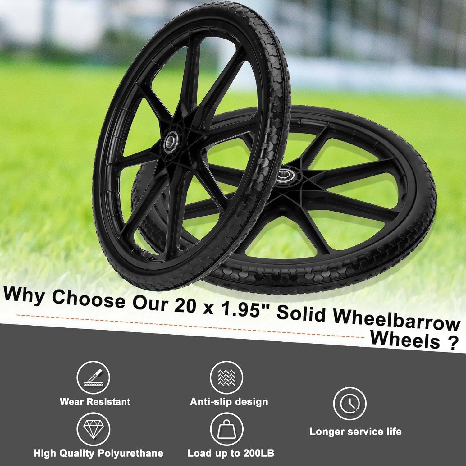 Upgraded 20" Flat Free Wheels Compatible with rubbermaid Wheelbarrow Tires, 20" Flat Free Tires with 5/8" and 3/4"