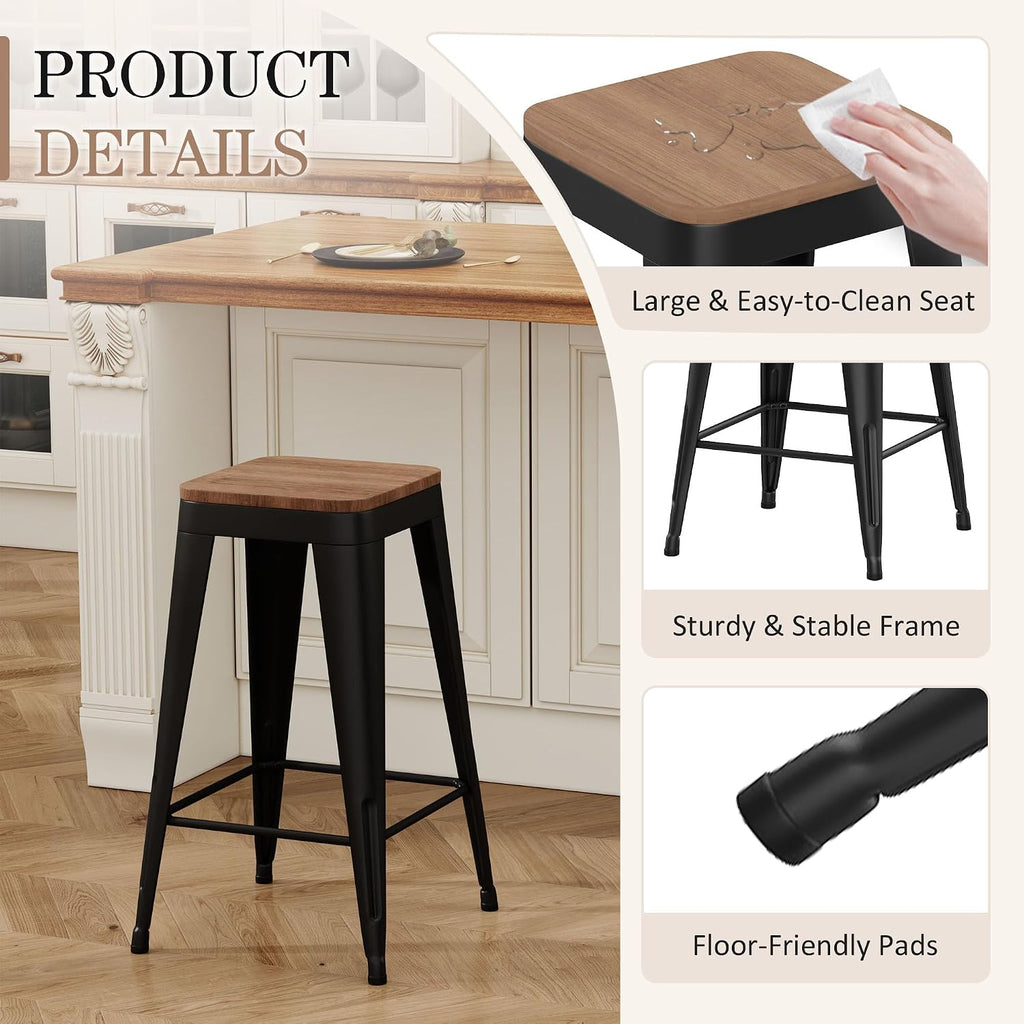 24" Metal Bar Stools Set of 4 Black Counter Height Stools with Wood Seat Stackable Backless Industrial Style Stools