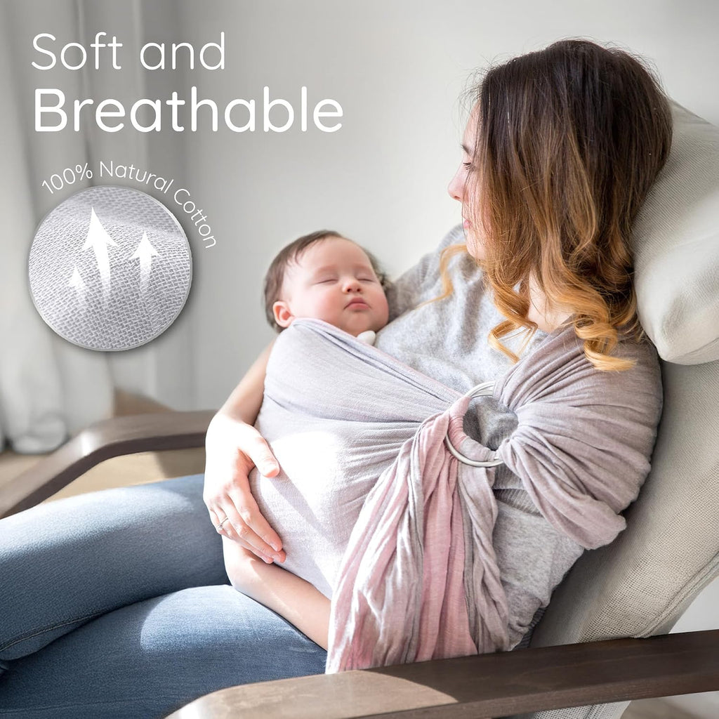 Ring Sling Baby Carrier - USA Lab Tested, 100% Natural Cotton Muslin, Breathable & Ergonomic Ring Sling Grey Rose