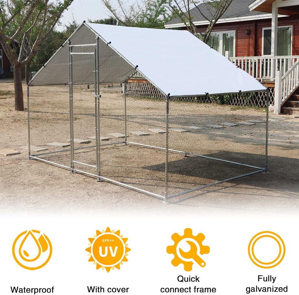 Large Metal Chicken Coop Walk-in Poultry Cage Hen Duck Run House with Waterproof & Anti-UV Cover Galvanized Rabbits