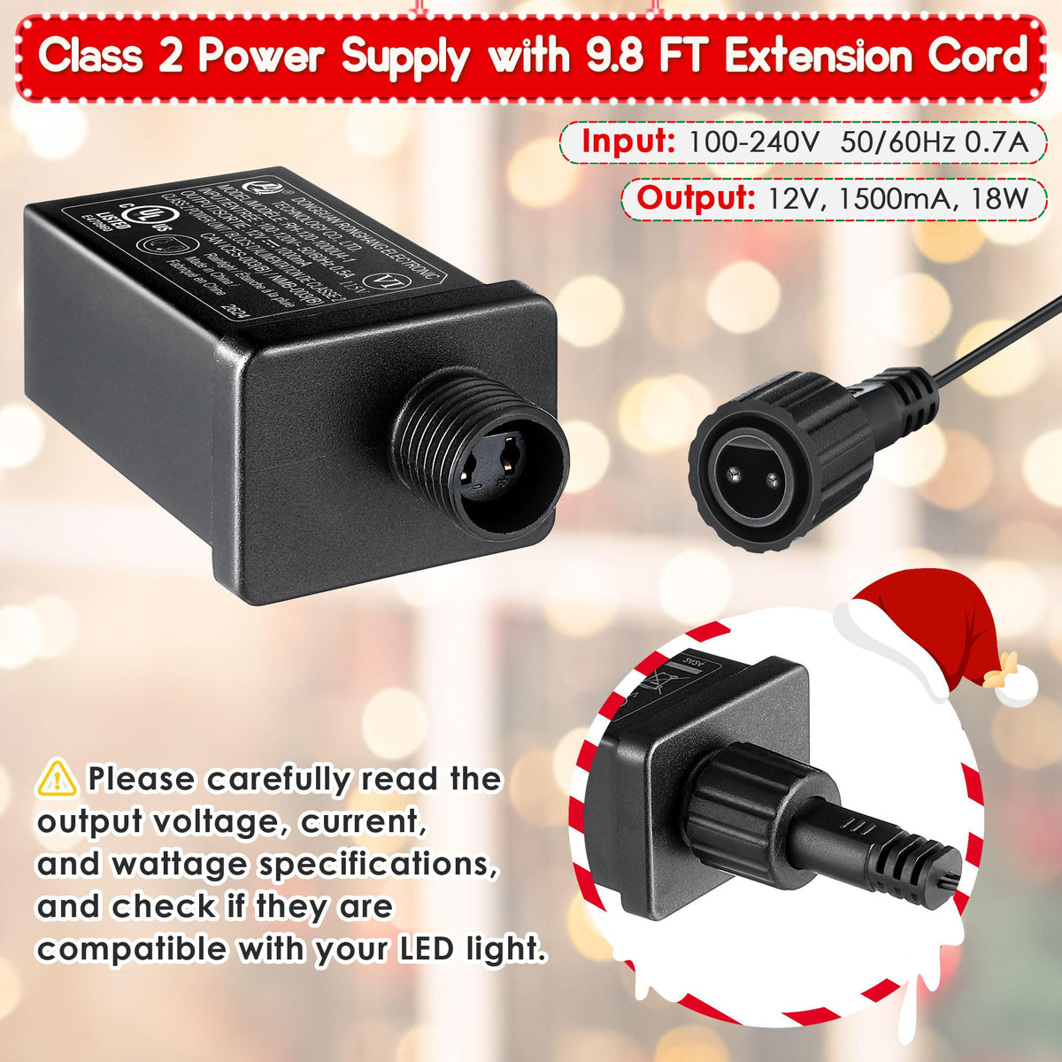 1 Pack 12V 1.5a Class 2 Power Supply Adapter with 9.8FT Cord, Rainproof