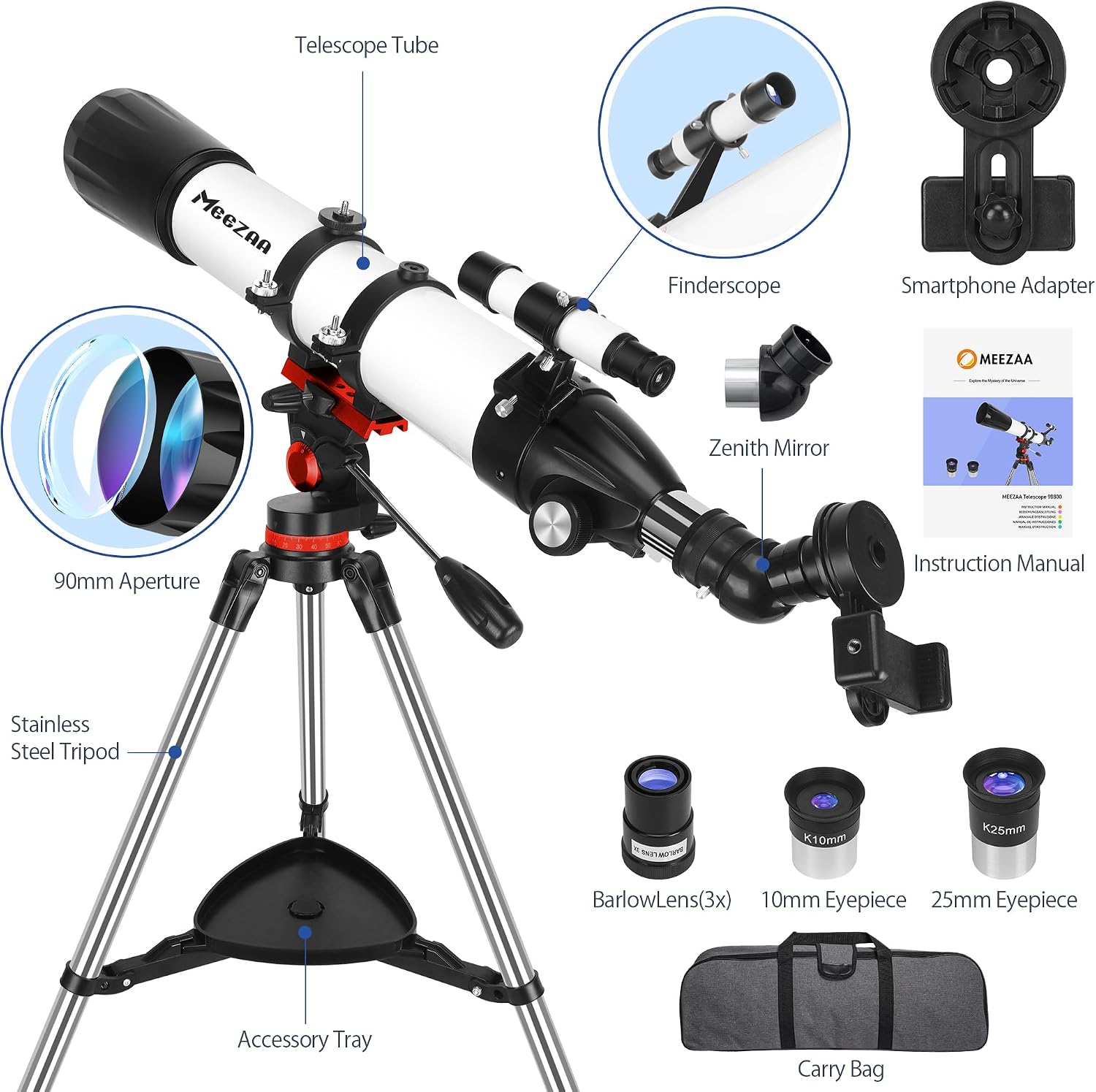 Telescope for Adults High Powered, 90mm Aperture 800mm Refractor | Professional Telescopes, for Astronomy Beginners