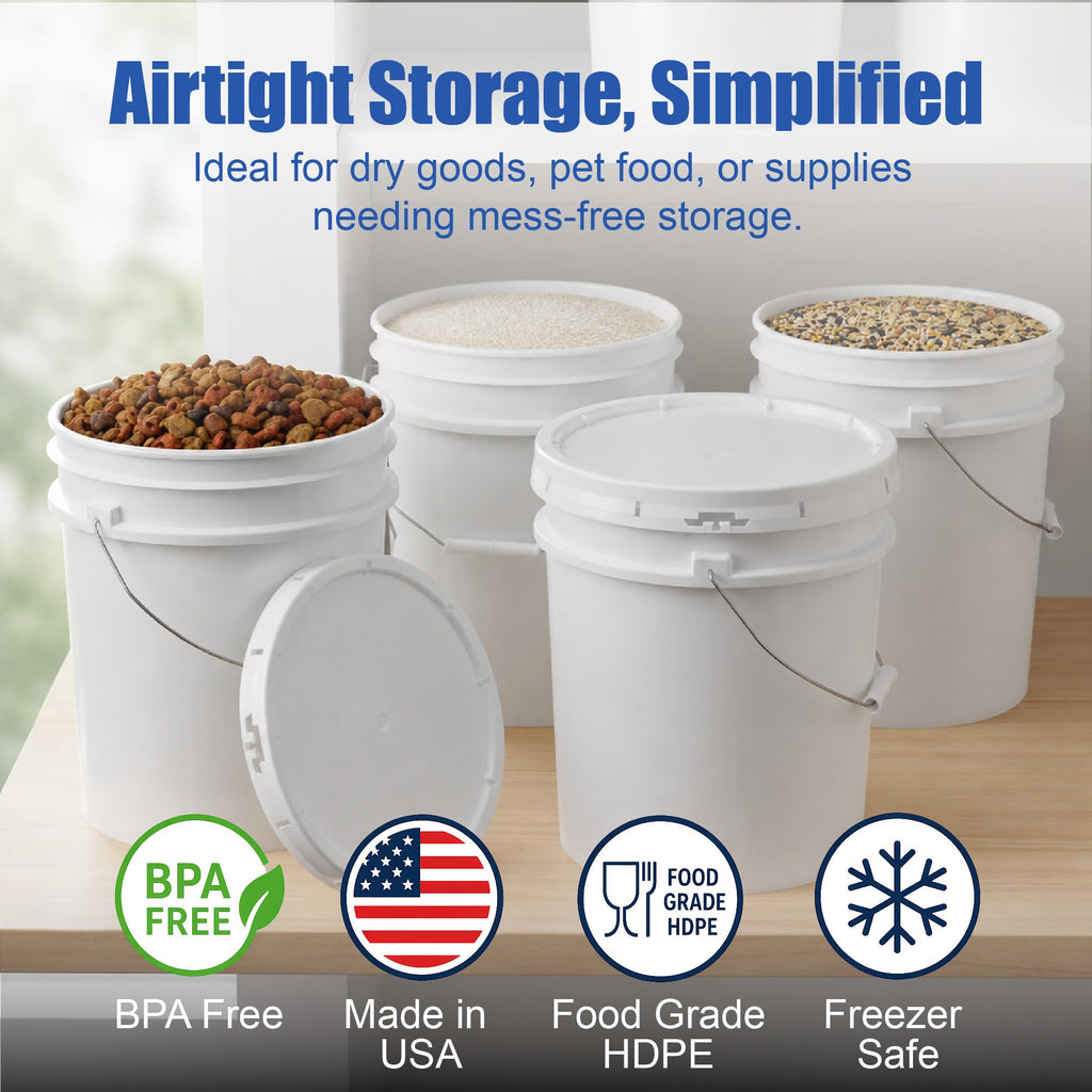 5 Gallon Bucket - Food Grade w/Lid BPA-Free, 6 Pack - White
